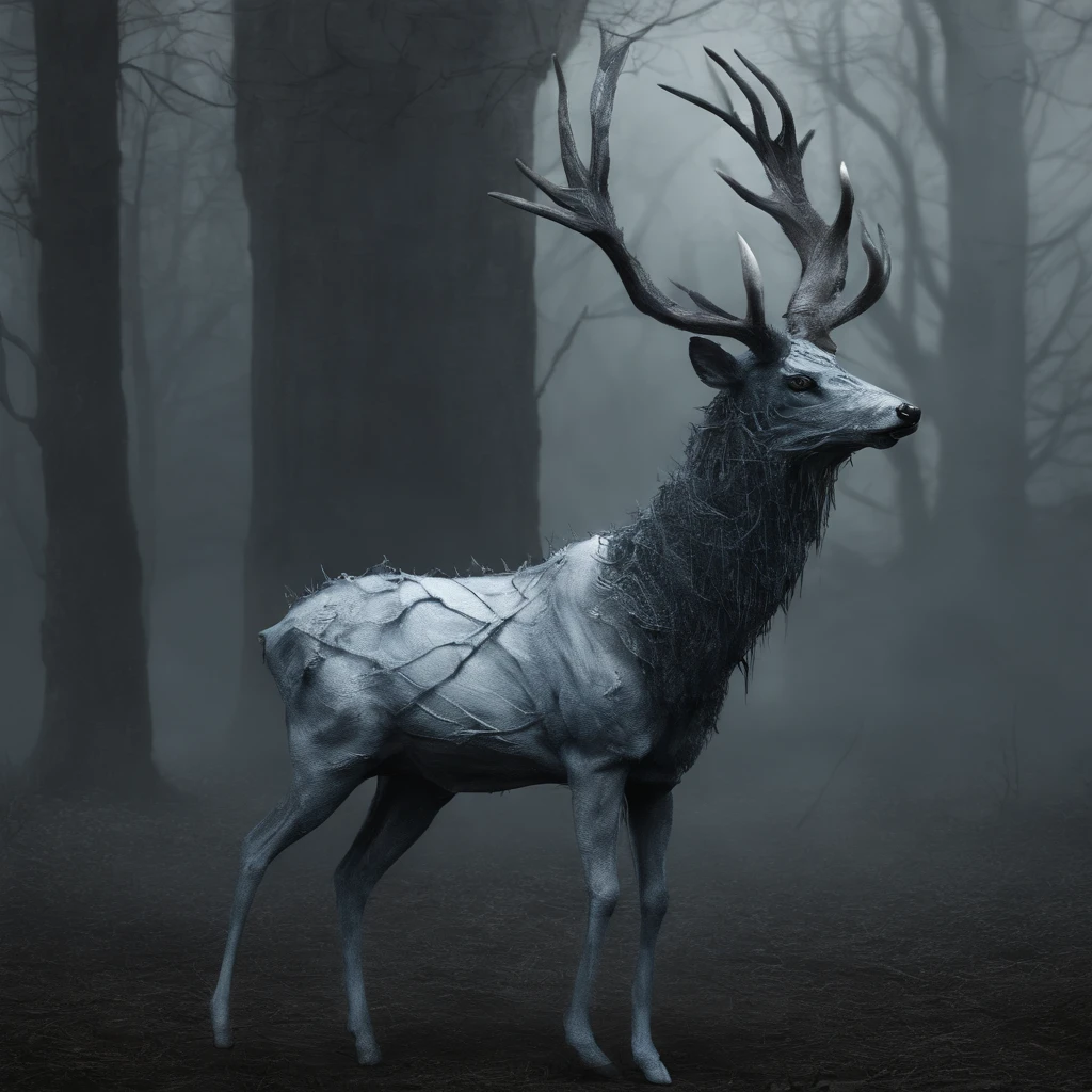 deer that is ghostly white with grey-blue and dusky blue makeup a black fur tuff, a dull green staff, best quality, masterpiece