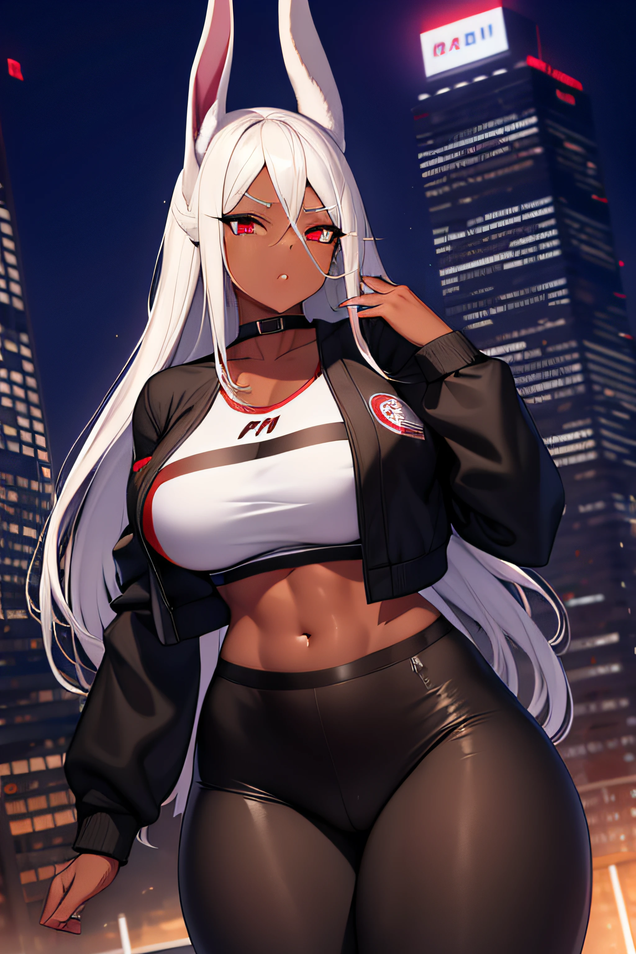 mirko mha, 1girl,solo,dark-skinned female, dark skin, large breasts,cropped jacket,abs, collarbone, yoga pants, thigh gap, thick thighs, black pant,looking at viewer, night time, crimson red theme,cityscape,cyberpunk, rabbit ears, rabbit girl, white hair, long hair, muscular female, red eyes,