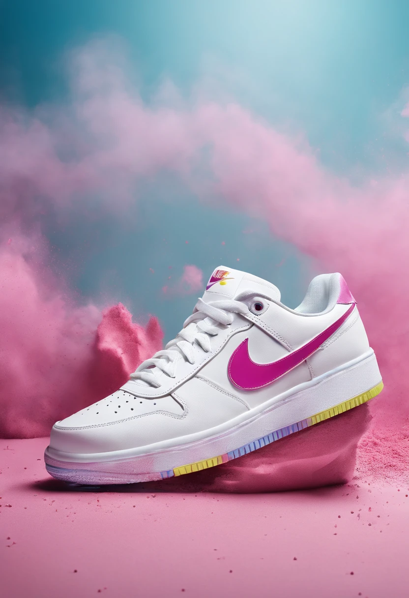 A product photography of a white nike shoes, surrounded by colorful powder, super details, studio lighting, realistic, photo, advertisement
