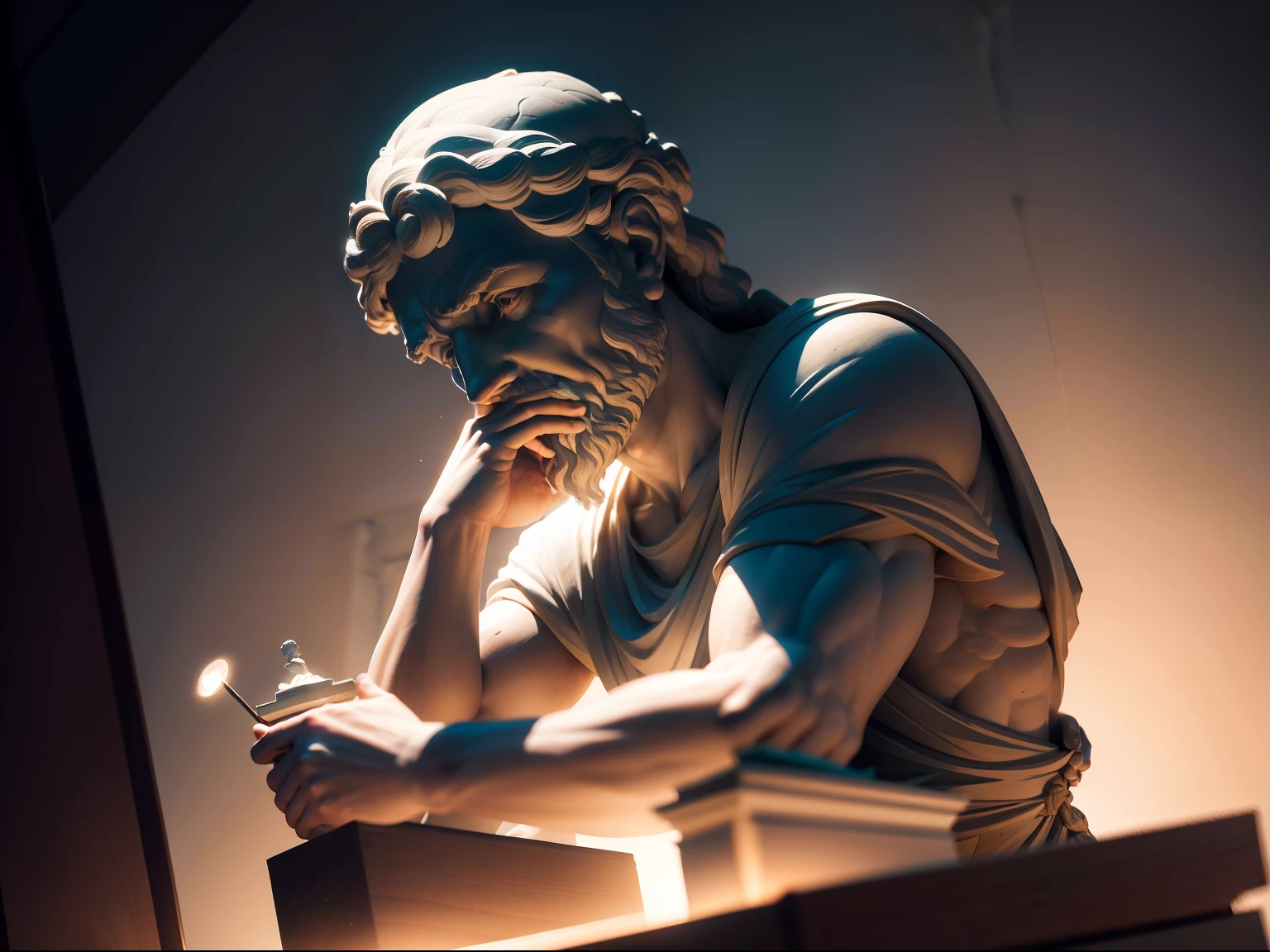 Create an inspiring 8K image depicting a 3rd century Greek philosopher.C., immortalized as a statue. Ambiente a cena em um ambiente sombrio e misterioso, with the figure of the philosopher blurred, but enigmatically illuminated by epic lights and shadows. The resulting image should exude the aura of deep contemplation and wisdom.