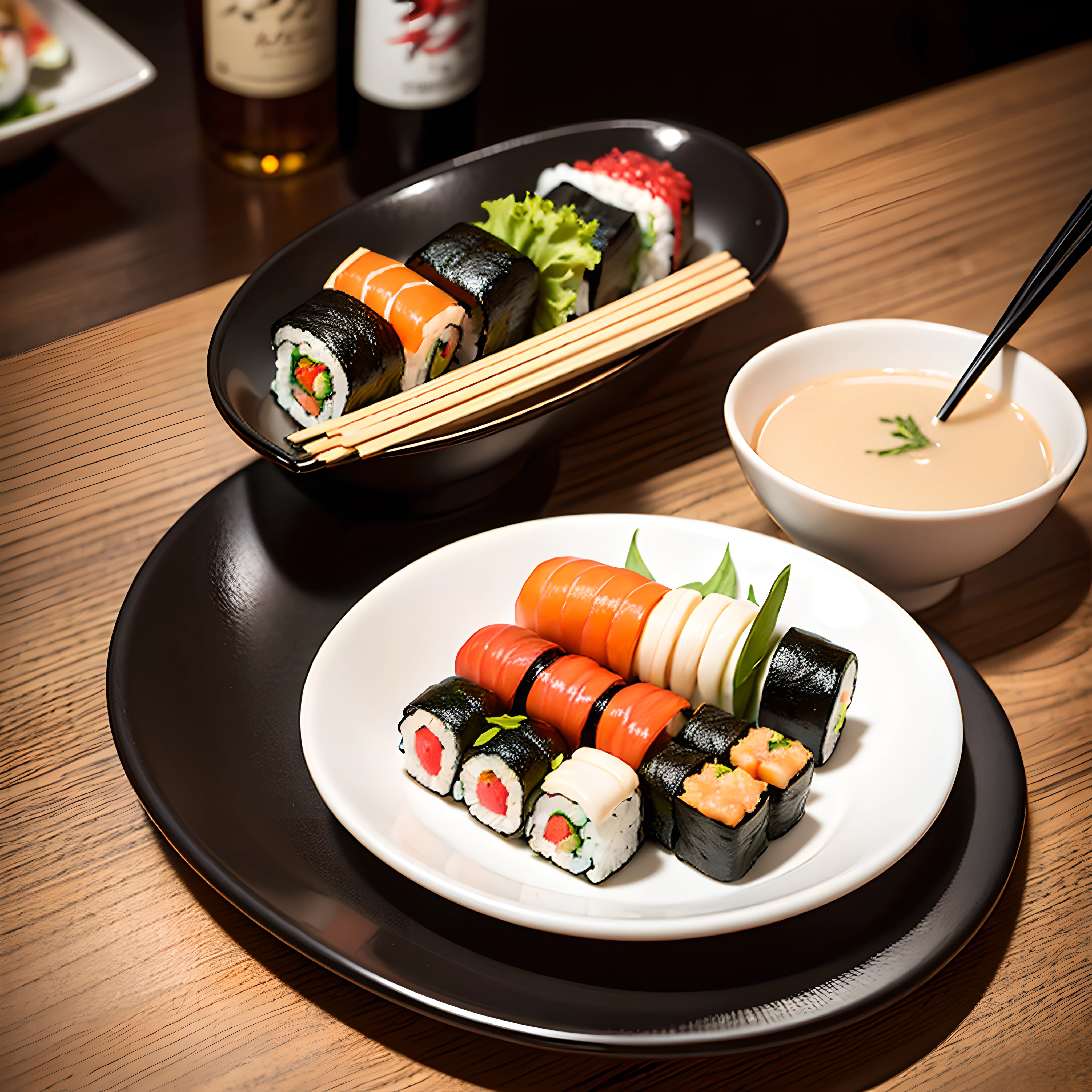 20 pieces of Sushi in the foreground. alta qualidade, Ultra detalhes, Hiper-realista com copo de vinho bokeh