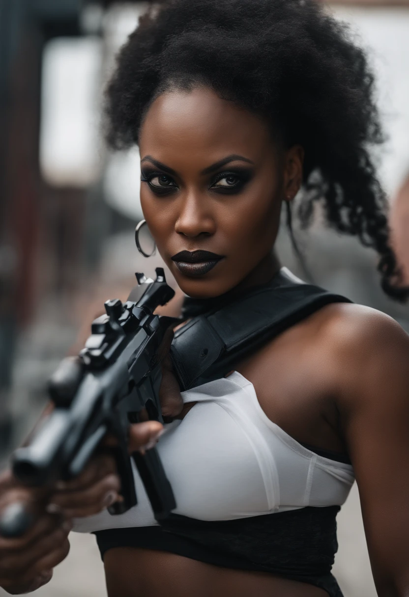 black woman, 37 year old, holding 2 pistols, white hair with some black meshs, scars in his neck, strong woman, have a red eye and a black eye, edgylord