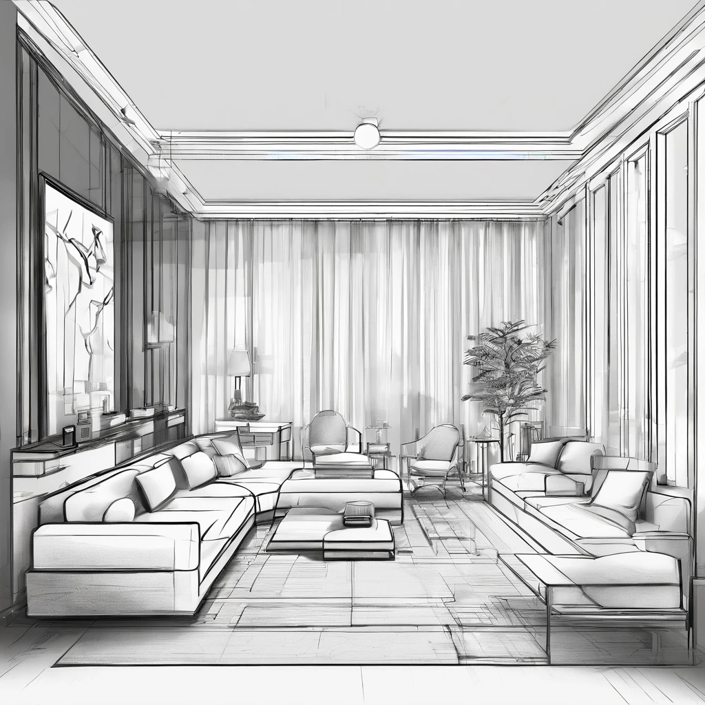 Small living room、Correct perspective、line-drawing、outlines、Medium omission、unmanned、grayscales