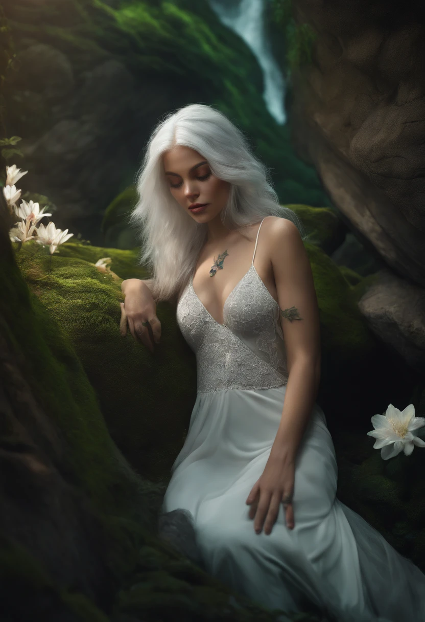 1girl, solo, white_hair, tattoos, grotto, verdant, flowers, beautiful, idyllic, sublime, absurdres, hyper-realism, textured, maximum_detail, dslr