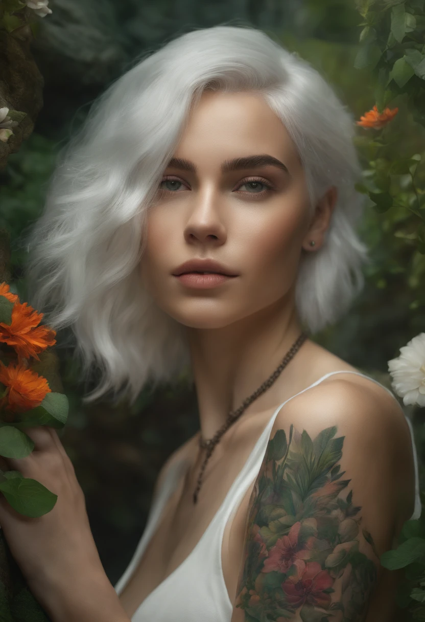 1girl, solo, white_hair, tattoos, grotto, verdant, flowers, beautiful, idyllic, sublime, absurdres, hyper-realism, textured, maximum_detail, dslr