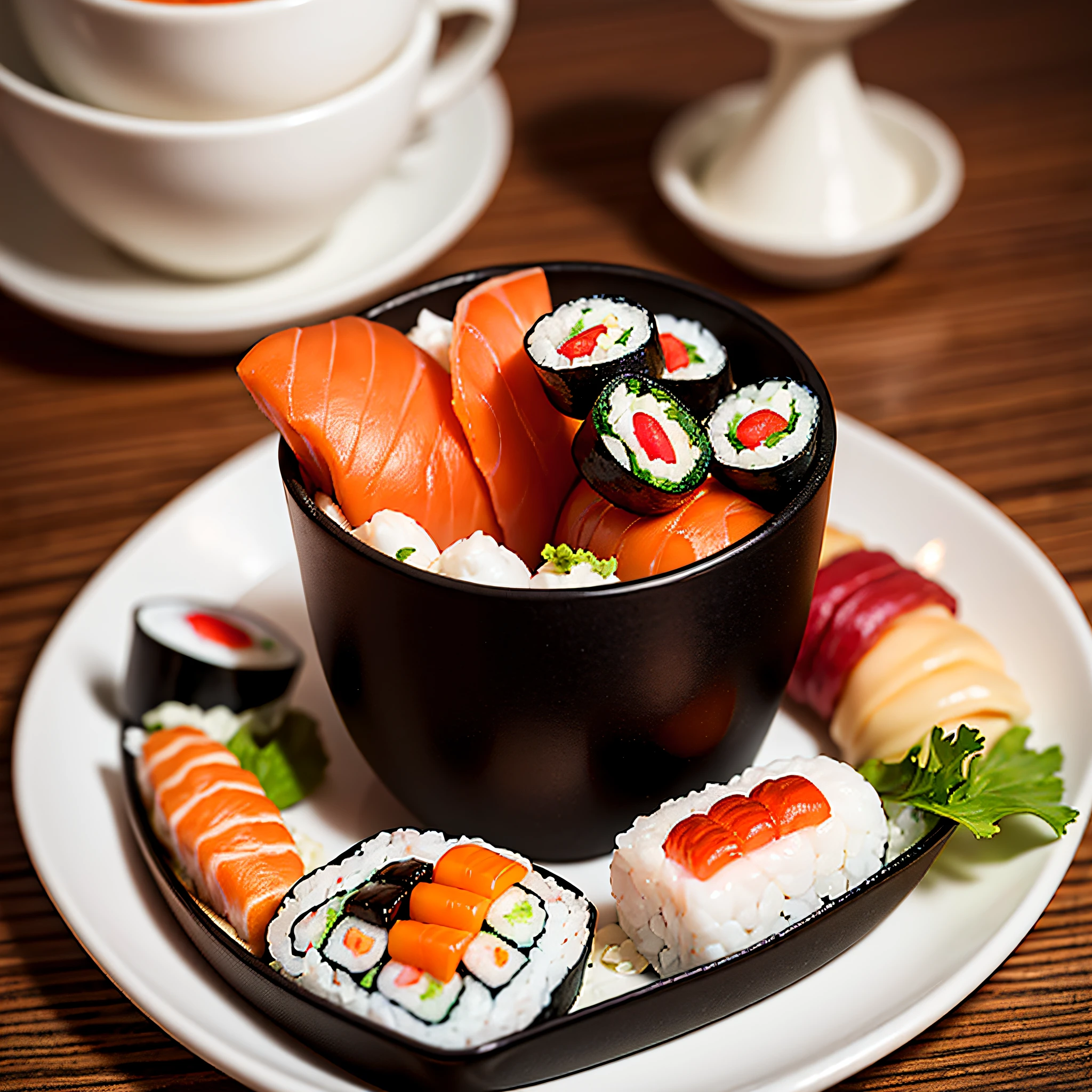 20 pieces of Sushi in the foreground. alta qualidade, Ultra detalhes, Hiper-realista com copo de vinho bokeh