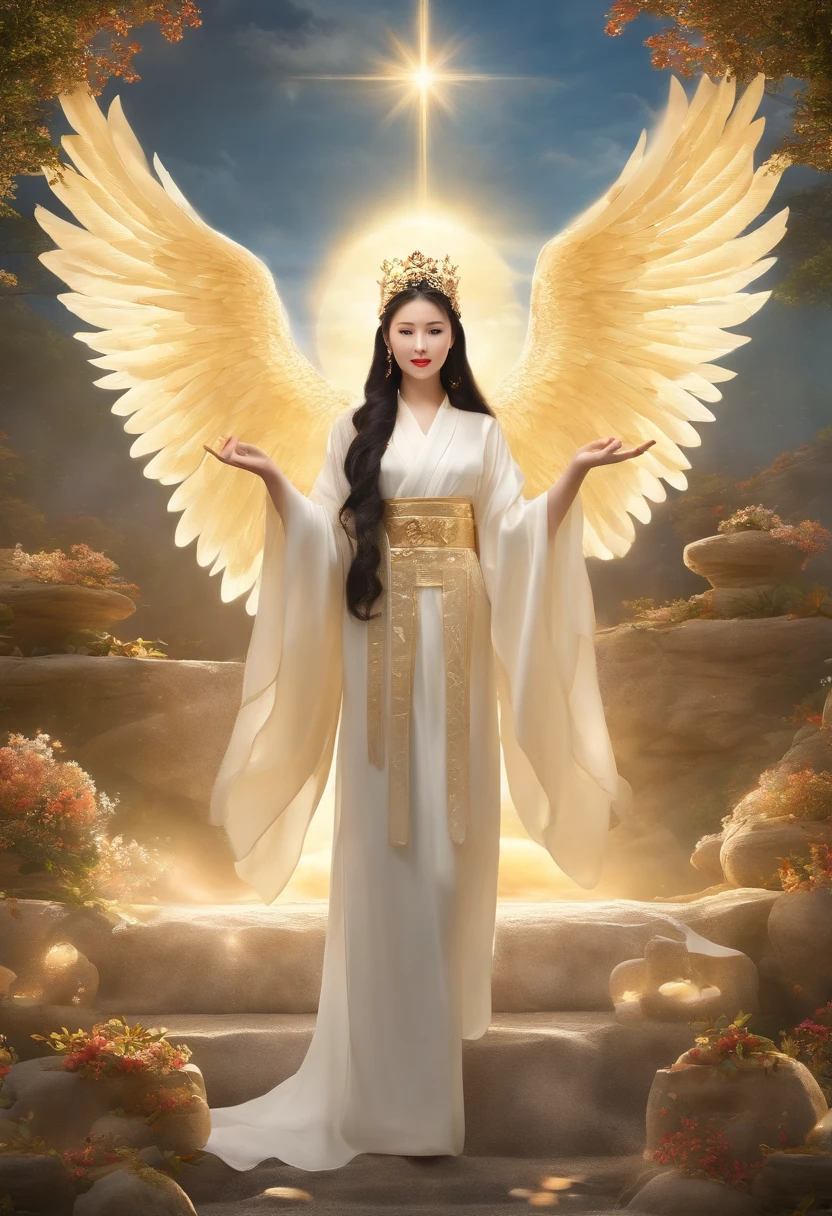 Photorealsitic、(hyper realisitic:1.2)、Beautiful fece、​masterpiece、top-quality、extra detailed face、Perfect litthing、nice hand、perfect hand、The sacred and shining sun goddess of heavenly splendor、(Beautiful Japan Woman:1.2)、(hyper pretty face:1.5)、(serene expressions)、(Miko costume)、(ethereal glow:1.1)、(Peace and comfort)、(Transcendental beauty)、(God's Grace)、(a symbol of purity)、(Golden halo)、(Uplifting atmosphere)、(Heavenly Realm)、(Spiritual enlightenment)、(Calm and protective)、(Lighting light:1.2)、(Seraphic figures)、(Harmony and tranquility)、(Angel robes)、(Timeless celestial bodies)、(captivating aura)、(Healing and Guidance)