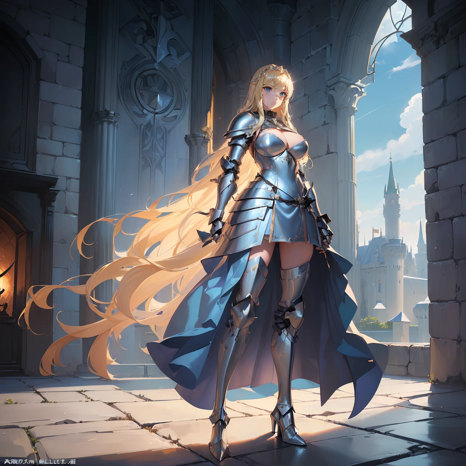(((One Blonde woman))) ((Female Paladin))) (((long blonde hair))) (((blue eyes))) (((armor dress))) (((sword in one hand))) (((shield in the other hand))) (((Big breasts))) (((metallic boots with heels))) (((Alone in the castle))) ((1 pretty woman))) (((cleavage)))