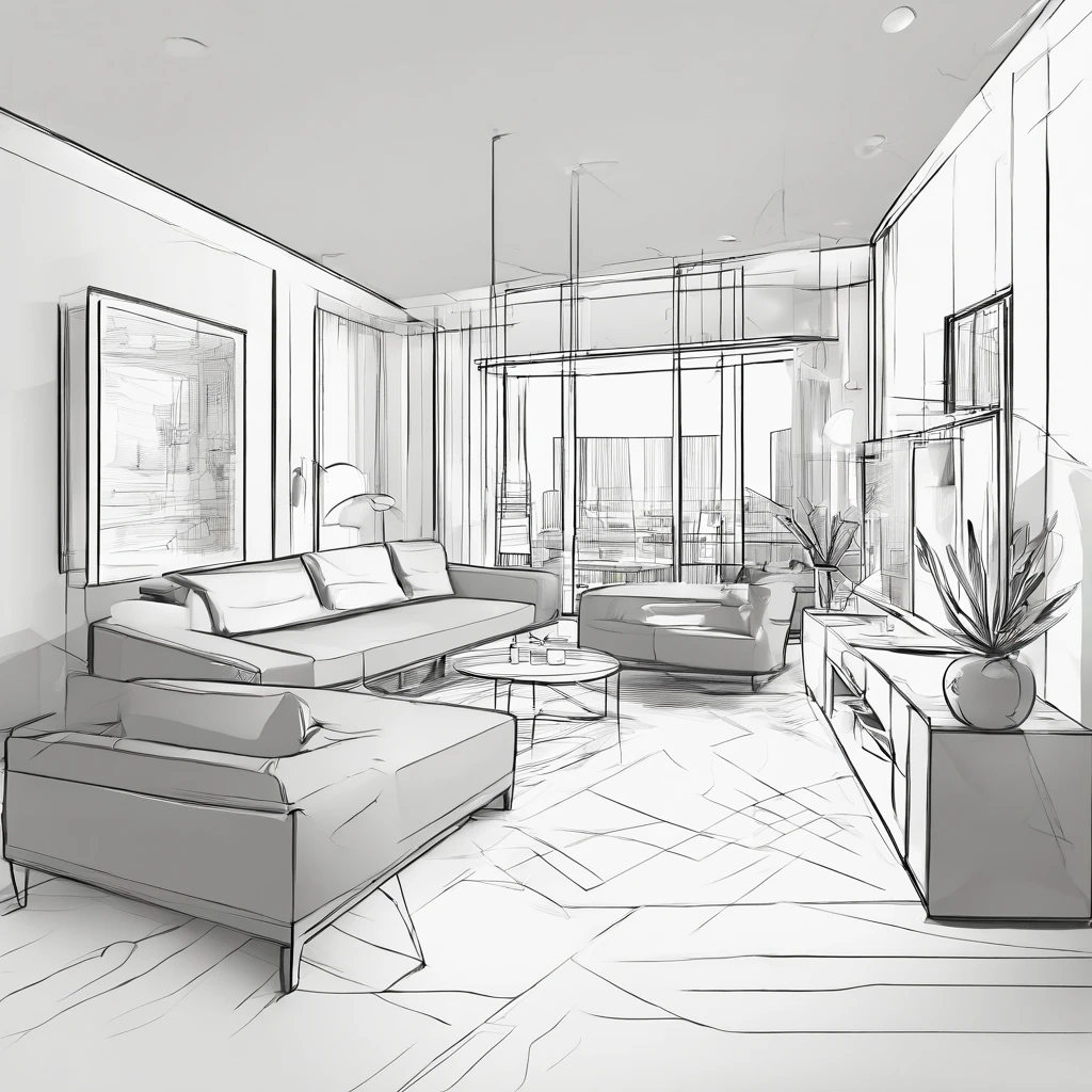 Small living room、Correct perspective、line-drawing、outlines、Medium omission、unmanned、grayscales