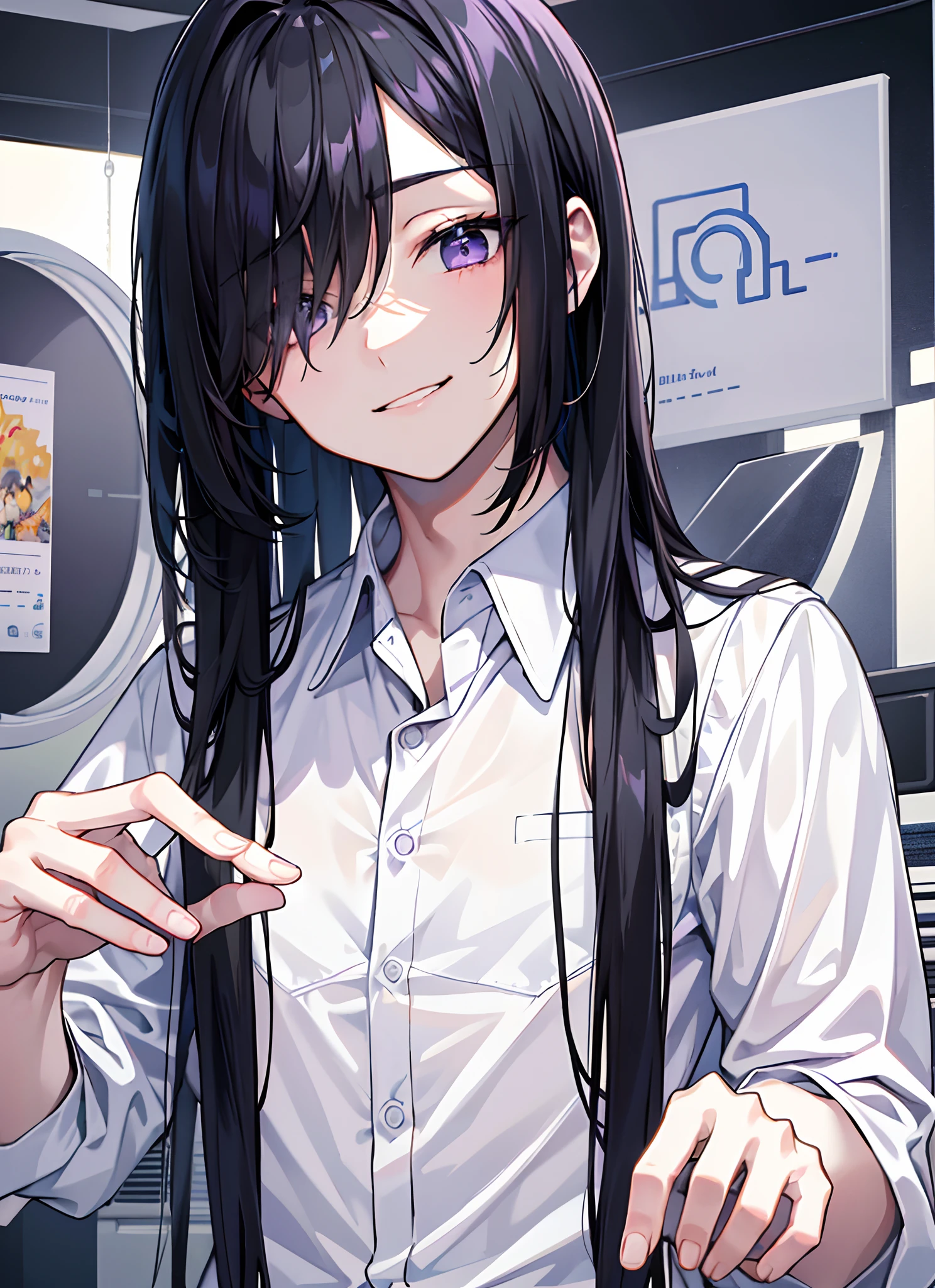1guy, Handsome man, Solo、Man with black hair, up looking at viewer, ((masterpiece, Best Quality)), Beautiful detailed eyes, beautifull detailed face、Purple eyes、black hair、Bangs that hide the right eye、One eye hides, wink, little long hair, a cool、outer、twinks、Young man with black hair, gay-ish, gargantua, shirt, bandaged、Calm、Cool System、Soothing、The best smile, Loose tie, hide one eye
