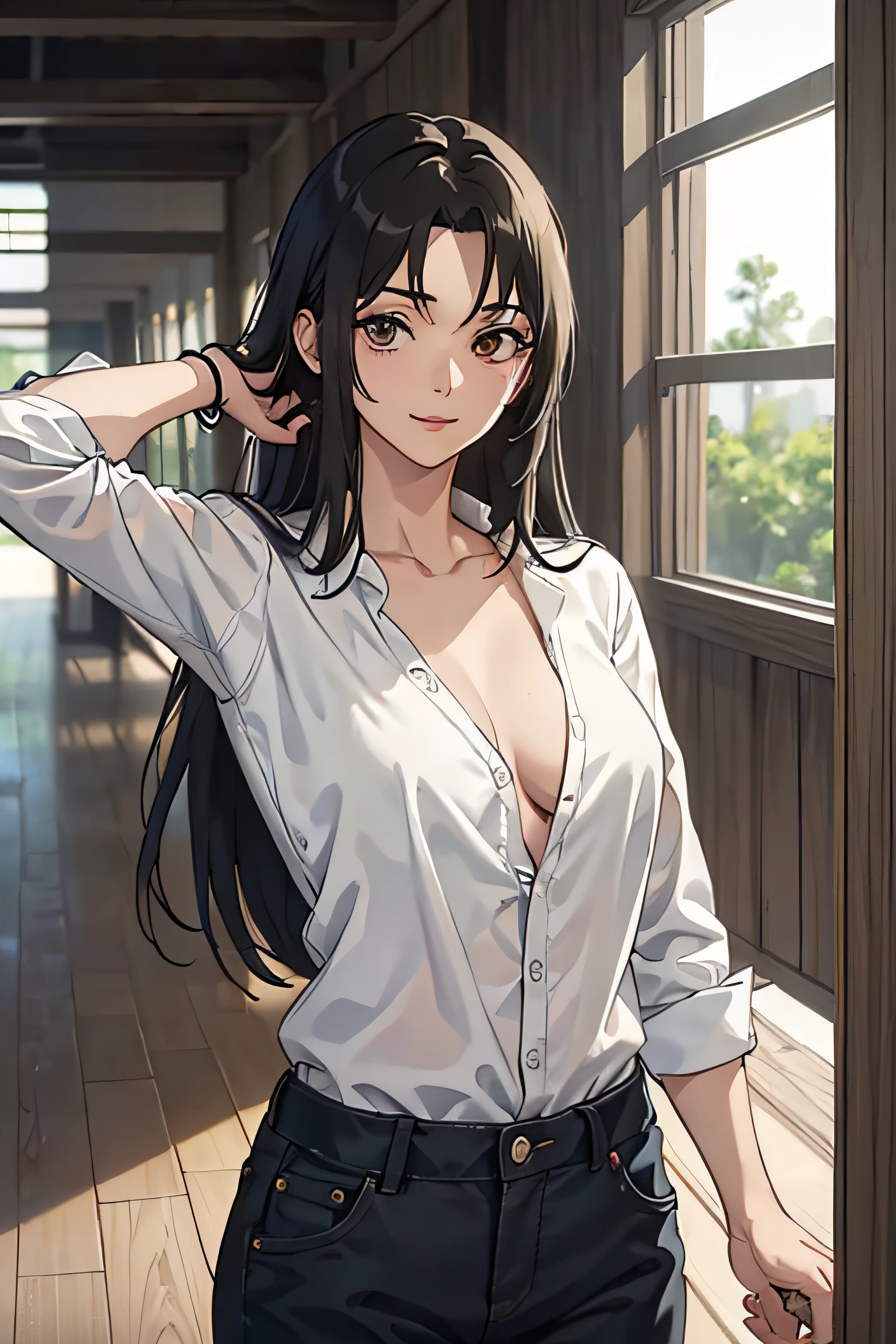 Obra maestra, YukiTsukumo, 1girl, solamente, Cabello largo, brown eyes, Mirando al espectador, They are smiling, cabello rubio, camisa, hombros desnudos, sin mangas, beltt, pants, Camisa negra, ventana, Cuello, Contre-Jour, cuello de tortuga sin mangas,