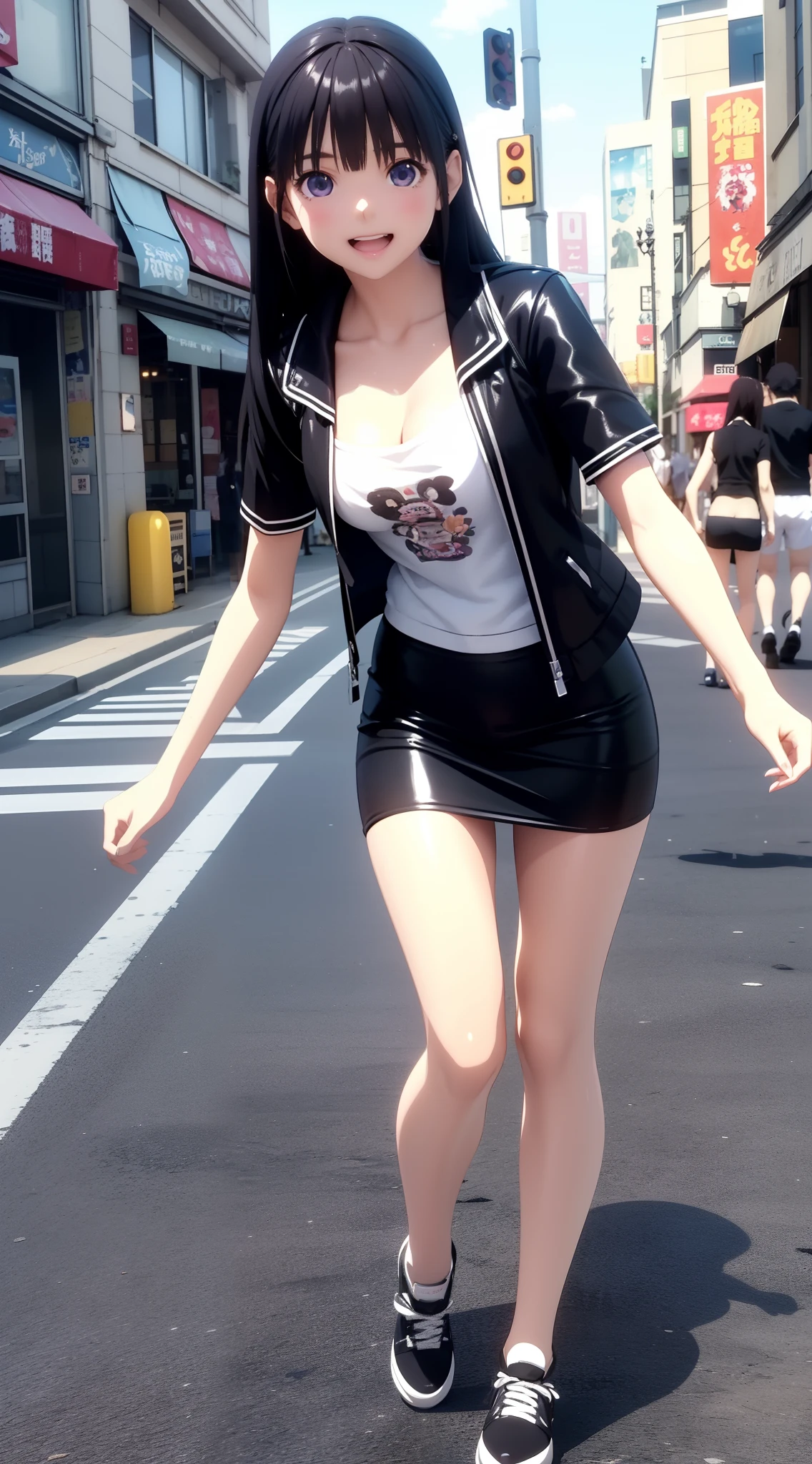 1人の女性、((3d anime))、kawaii、18year old、Glossy black hair、Long hair、Random Poses、Random attire、Cute clothes、Laughing、sexypose、Dating in the city、a miniskirt、Pretty clothes、low angles、