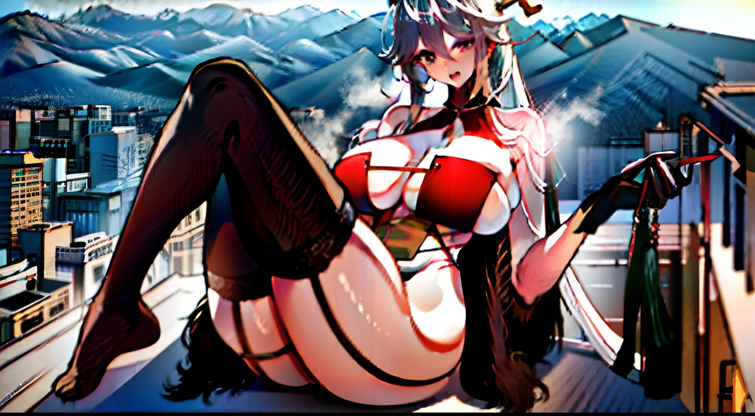 A giantess,fully body photo,Building seating,gigantic cleavage breasts,Exposing thighs,revealing breasts,(Long legs:1.2),Extremely tall girl,Above the house,Beautiful looks,Delicatemakeup,Perfect lighting,8K,High quality,(GTS:1.5),Aerial view,With small ones,Group
