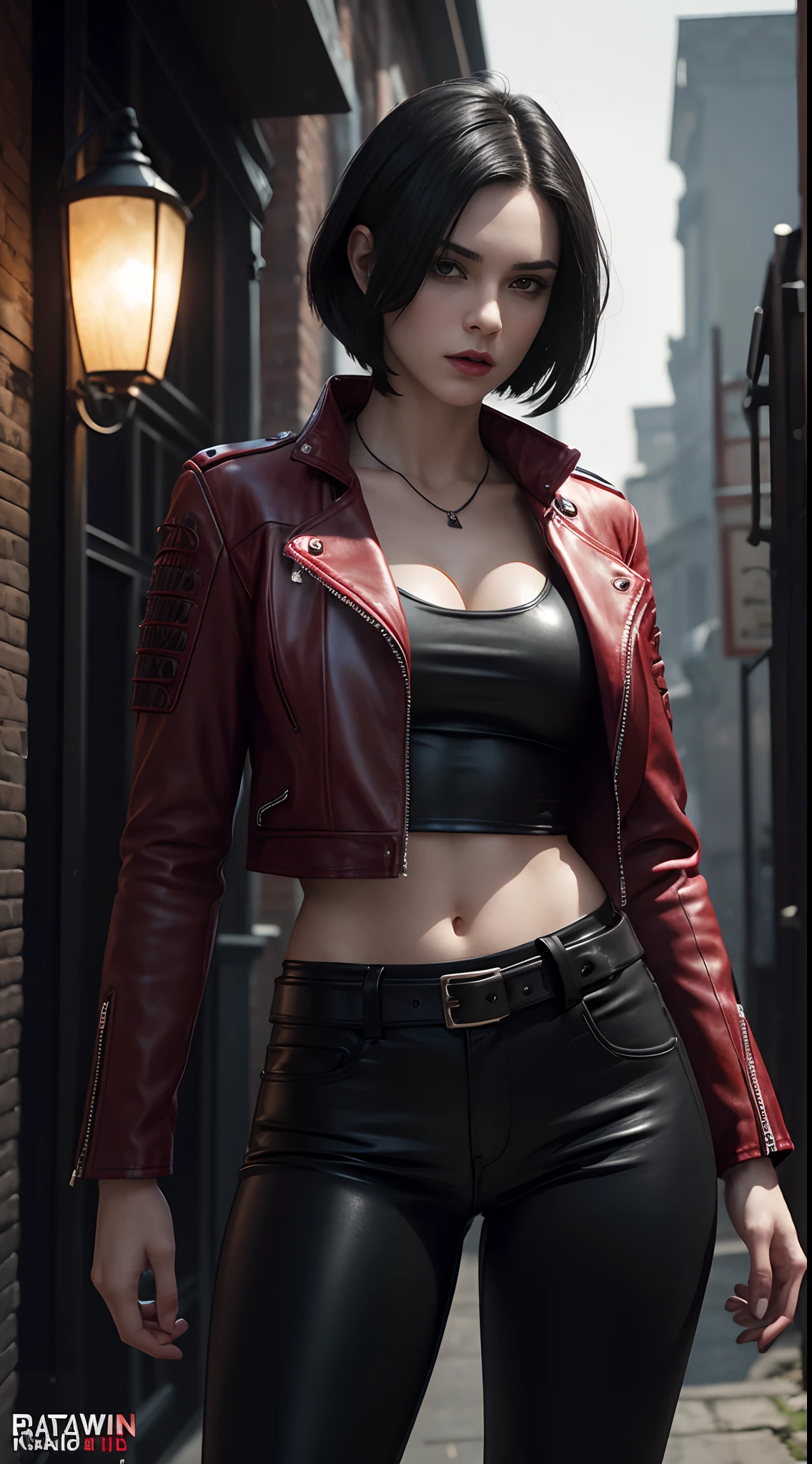 A beautiful 25-year-old British female vampire mercenary,with short black hair, Pale skin, Wearing a red leather jacket and black leggings, Armed with a double pistol, seen from the front, waist up shot, Dynamic pose, Ambient lighting, Photo realism, intricate face details, Intricate hand details, Highly detailed, Vibrant colors, Cinematic, High definition, Popular on art stations - original style --auto --s2