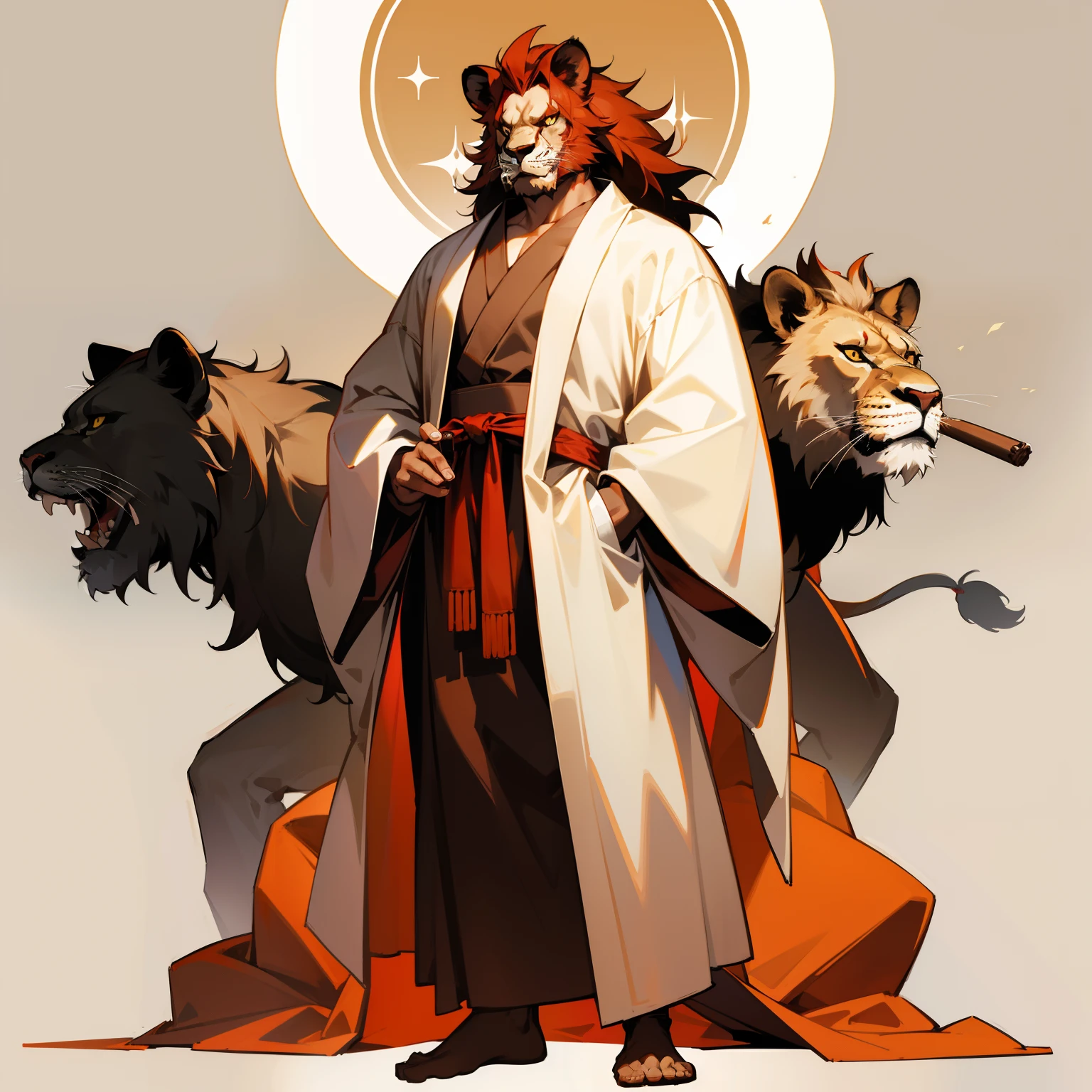 Majestic King,Full-body image、without background、Plain background、Wearing a robe、Lion face、cigar