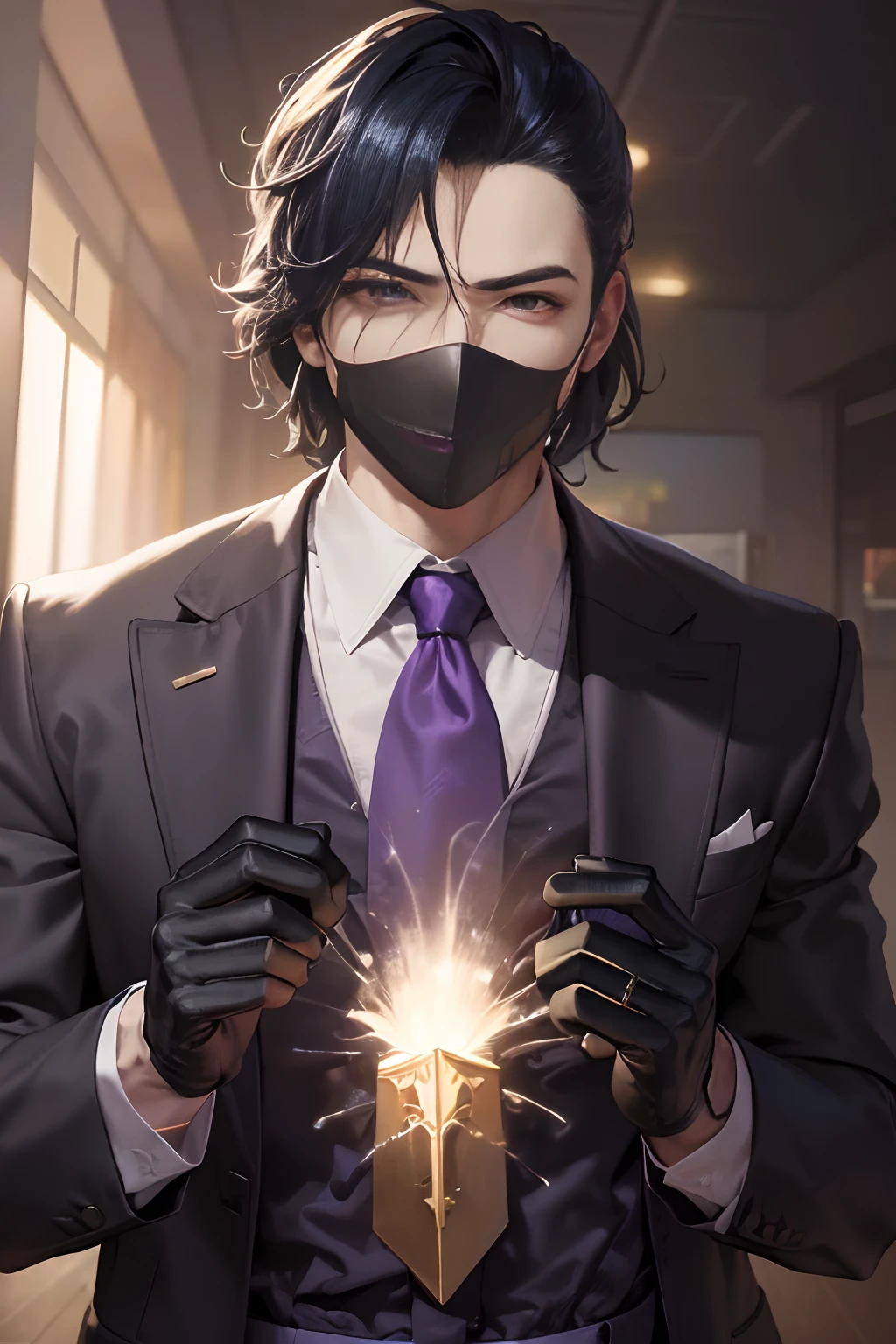 Man in suit and tie holding a purple light, Guy utilisant le costume de fantaisie violet, Epic and elegant portrait, costume sombre, Omen of Valorant, Gamme Murata et Artgerm, Detailed digital anime art, Anime badass 8 k, key art, photorealistic artstyle, Art officiel des personnages, realistic artstyle, Costume et cravate