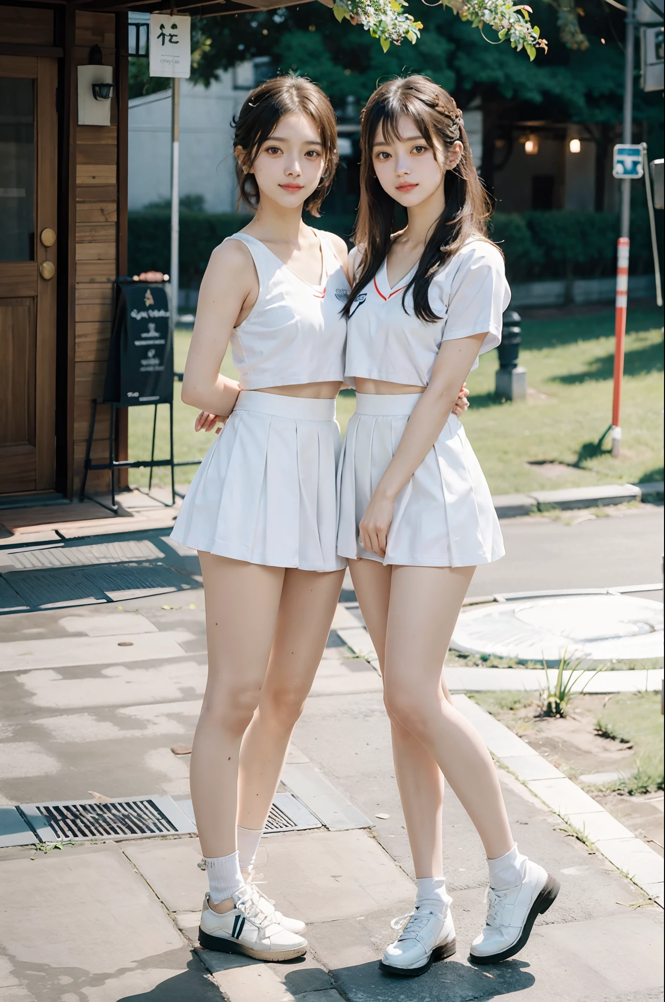 Two women in short skirts standing next to each other, alena aenami and lilia alvarado, ayami kojima and lyde caldwell, Wearing tight simple clothes, two japanese girls posing, Two girls, twins, symmetric!!, wearing white skirt, Very beautiful long slim legs, tight outfit, Short skirt, wearing heels and white dress, skin tight dress