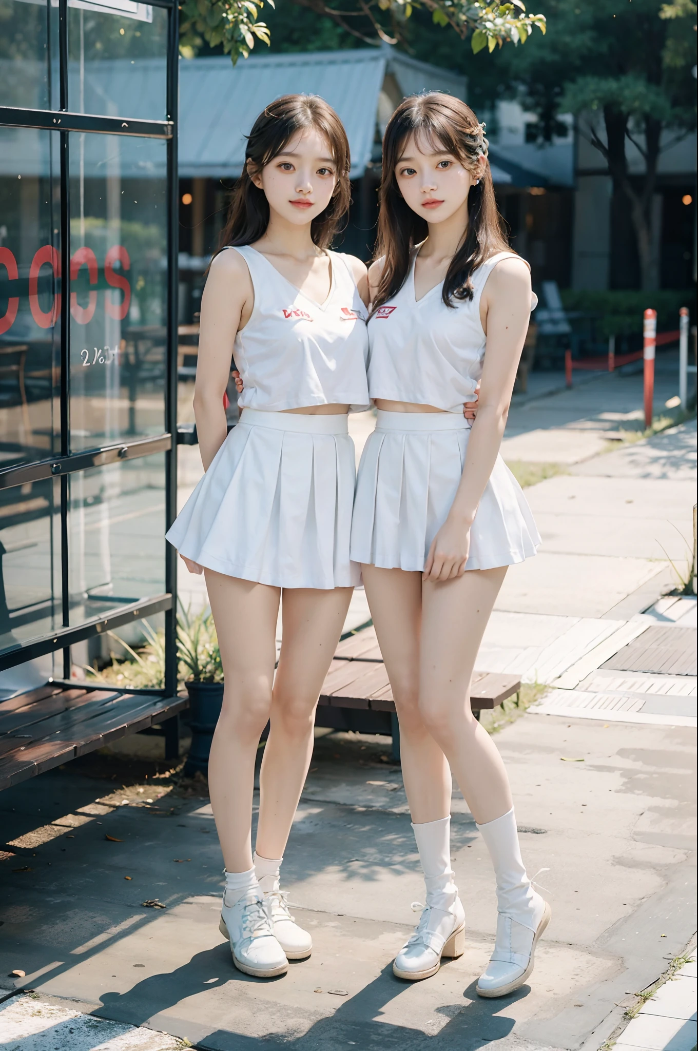 Two women in short skirts standing next to each other, alena aenami and lilia alvarado, ayami kojima and lyde caldwell, Wearing tight simple clothes, two japanese schoolgirls posing, Two girls, twins, symmetric!!, wearing white skirt, Very beautiful long slim legs, tight outfit, Short skirt, wearing heels and white dress, skin tight dress