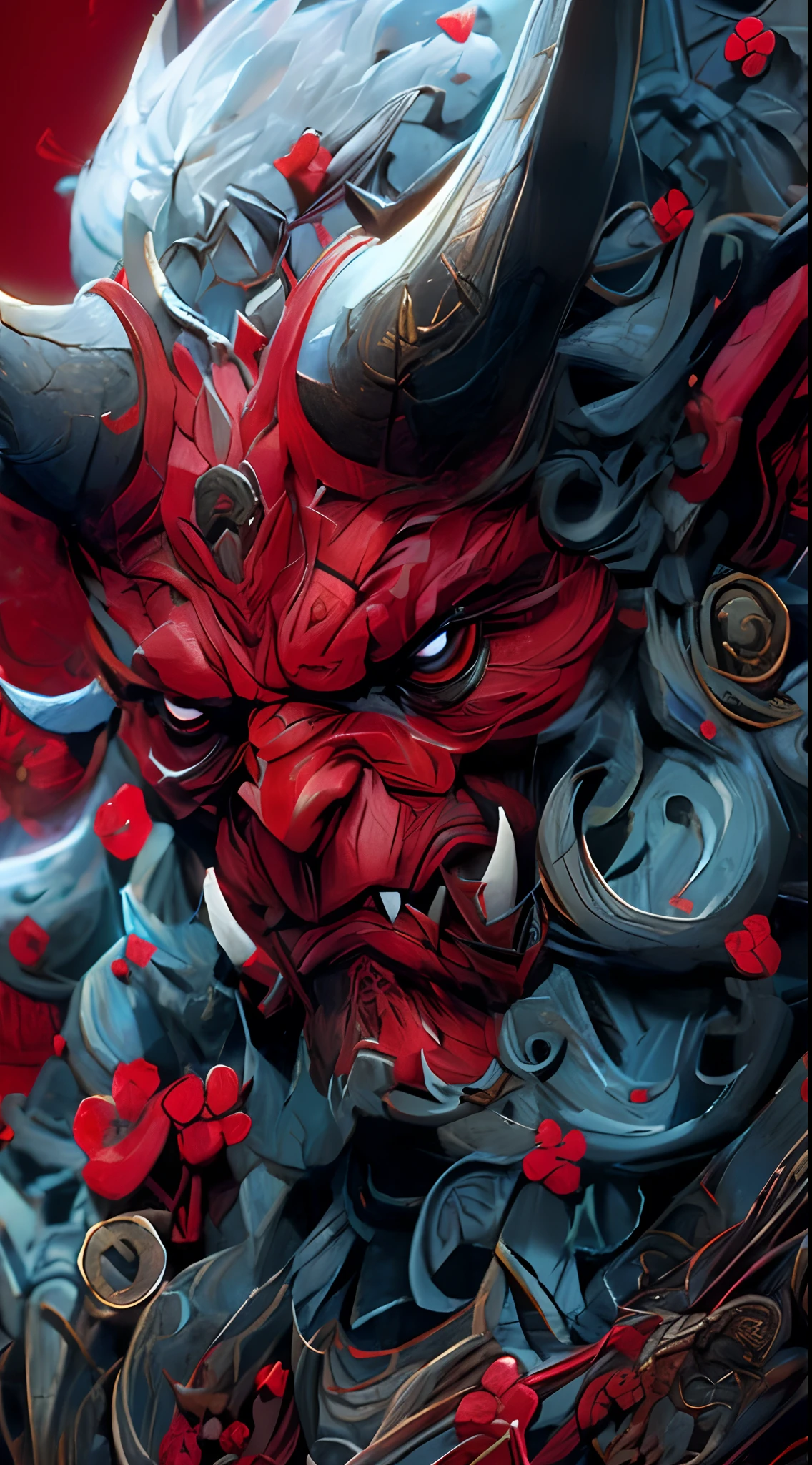 There is a red and black statue of a horned demon, villain wearing a red oni mask, arte detalhada onmyoji, eles chifres, Demon Samurai, oni mask, demon samurai mask, demon samurai warrior, pintura detalhada 4K, intrincado estilo cgi anime ornamentado, Arte altamente detalhada em 4K, Retrato de Onmyoji, inspired by Shunkōsai Hokushū