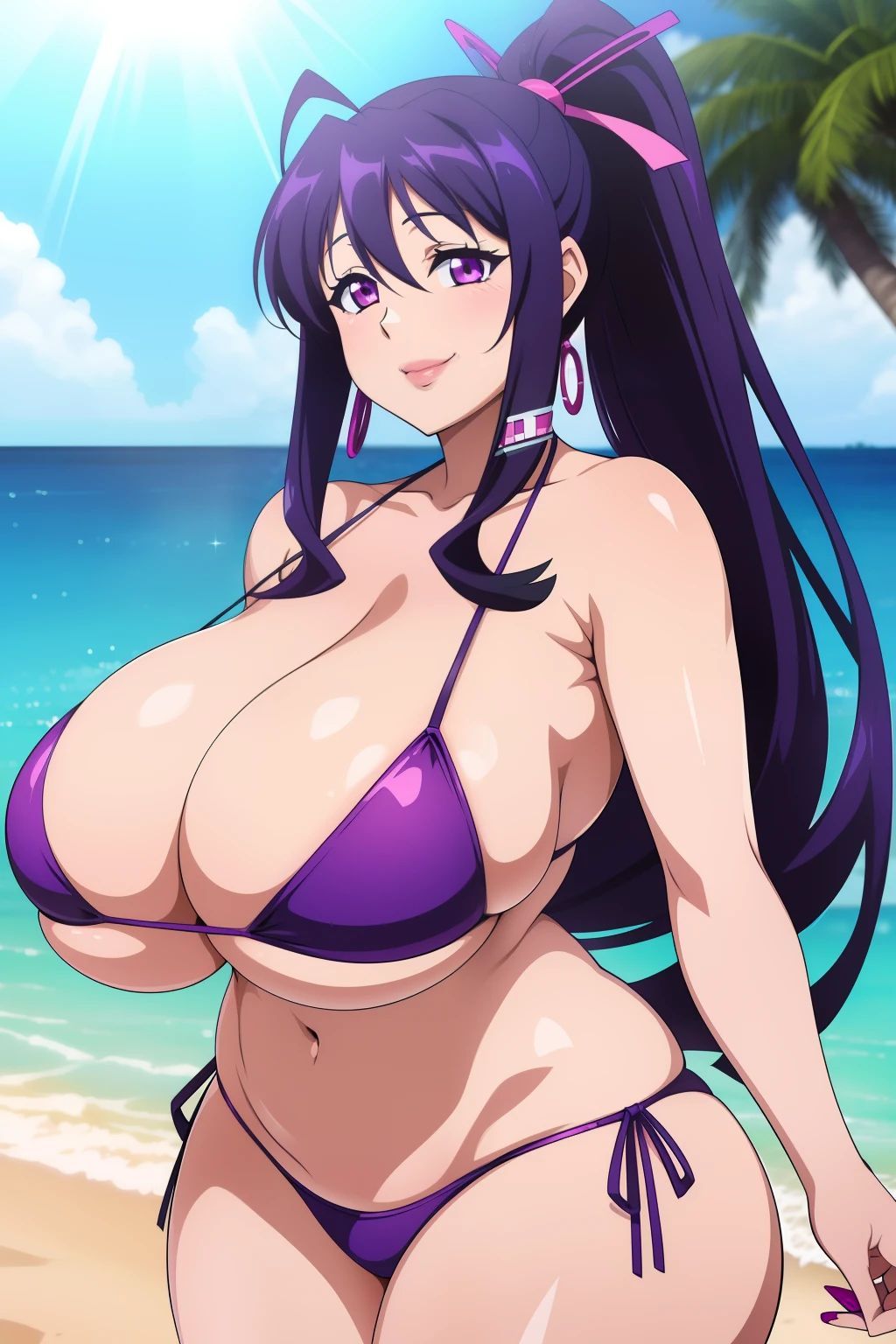 Akeno Himejima, 1girl, (((bimbo))), purple hair, purple eyes, ear rings, (((bimbo))), puffy lips, painted lips, thick lips, smile face, wide hips, thick thighs, huge round ass, huge natural Hitomi Tanaka breasts, bikini, walking,