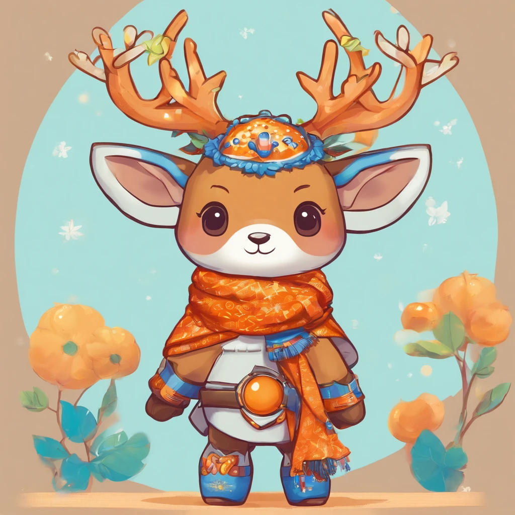 deer with brown fur stag beetle horns blue and silver samurai armor and a oranges scarf, best quality, masterpiece