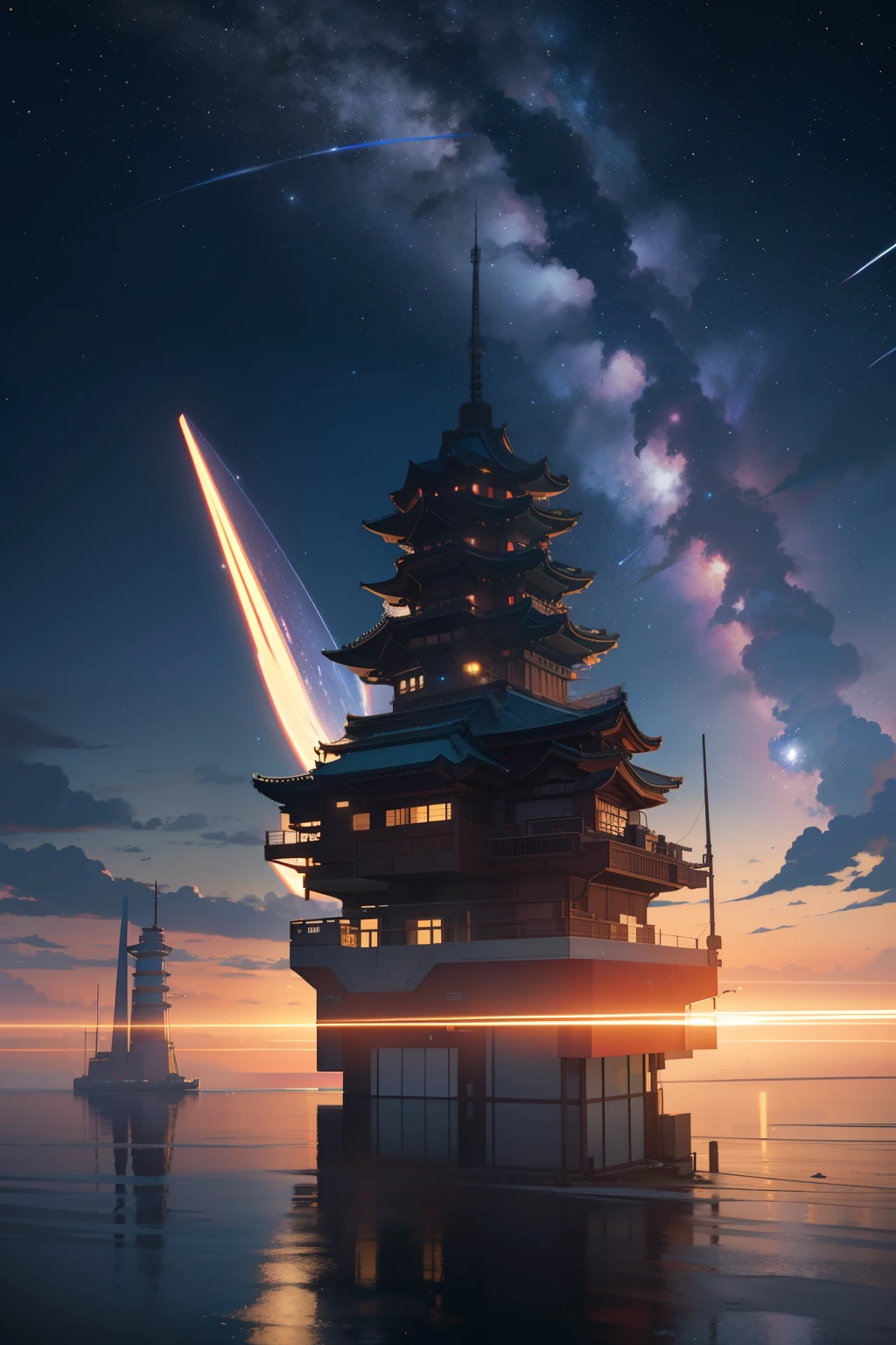 Potrait Of Futuristic japan vilage scenery, semi realistic, cinematic lighting, futuristic potrait, ultra HD, 8k , night scene, milky way, sky full of stars, unreal engine 5, ray tracing