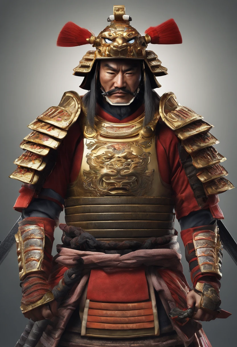 Create a highly detailed and ultra-realistic bust of a samurai with a tiger's face wearing a samurai helmet, where there is no additional tiger head in the samurai's hands. The tiger face should be incredibly lifelike, with every whisker and stripe meticulously crafted for authenticity. The samurai's body should maintain a humanoid appearance, dressed in traditional warrior attire, and most importantly, wearing a samurai helmet.

The katana should still be prominently displayed, firmly held in the samurai's hand, with only the unsheathed, metallic, and shiny blade visible vertically. The setting should exude a dark and somber atmosphere to enhance the overall dramatic effect.

Please prioritize the realistic depiction of the tiger face and the samurai helmet, ensuring that there is no extra tiger head in the samurai's hands. Deliver the final artwork in the highest possible resolution to emphasize its realistic qualities.