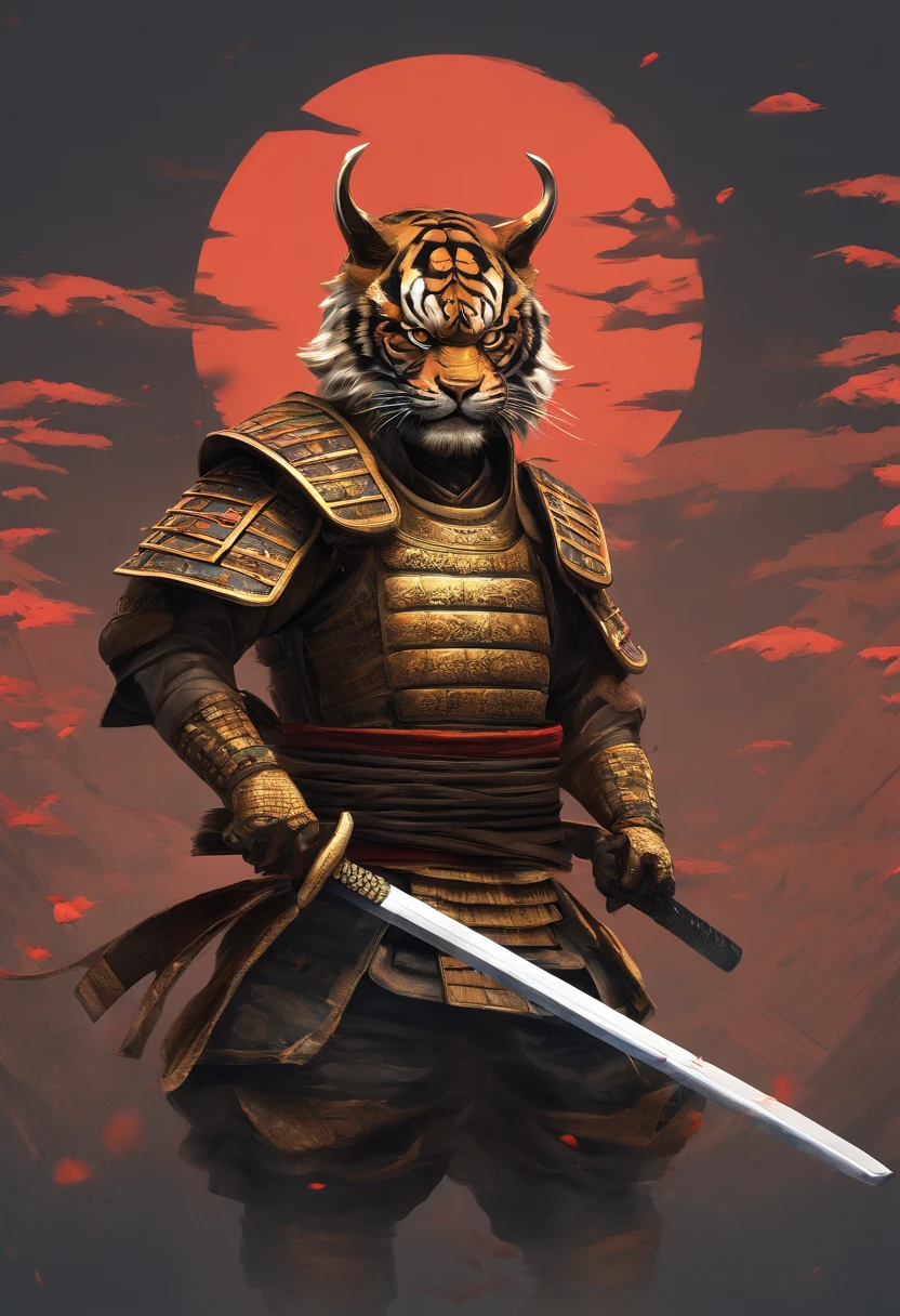 Create a highly detailed and ultra-realistic bust of a samurai with a tiger's face wearing a samurai helmet, where there is no additional tiger head in the samurai's hands. The tiger face should be incredibly lifelike, with every whisker and stripe meticulously crafted for authenticity. The samurai's body should maintain a humanoid appearance, dressed in traditional warrior attire, and most importantly, wearing a samurai helmet.

The katana should still be prominently displayed, firmly held in the samurai's hand, with only the unsheathed, metallic, and shiny blade visible vertically. The setting should exude a dark and somber atmosphere to enhance the overall dramatic effect.

Please prioritize the realistic depiction of the tiger face and the samurai helmet, ensuring that there is no extra tiger head in the samurai's hands. Deliver the final artwork in the highest possible resolution to emphasize its realistic qualities.