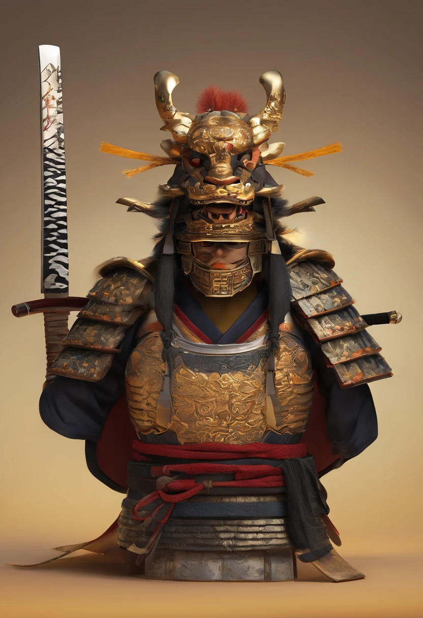 Create a highly detailed and ultra-realistic bust of a samurai with a tiger's face wearing a samurai helmet, where there is no additional tiger head in the samurai's hands. The tiger face should be incredibly lifelike, with every whisker and stripe meticulously crafted for authenticity. The samurai's body should maintain a humanoid appearance, dressed in traditional warrior attire, and most importantly, wearing a samurai helmet.
The katana should still be prominently displayed, firmly held in the samurai's hand, with only the unsheathed, metallic, and shiny blade visible vertically. The setting should exude a dark and somber atmosphere to enhance the overall dramatic effect.
Please prioritize the realistic depiction of the tiger face and the samurai helmet, ensuring that there is no extra tiger head in the samurai's hands. Deliver the final artwork in the highest possible resolution to emphasize its realistic qualities.