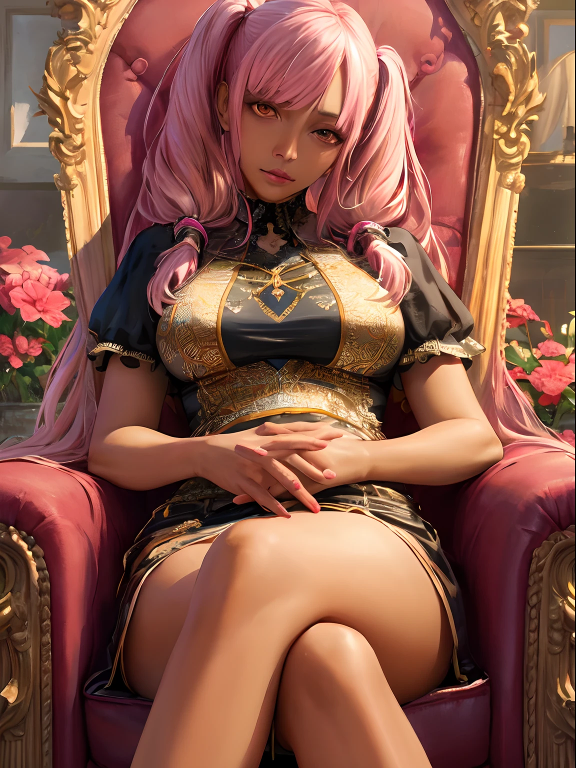 Masterpiece, best quality, one girl, long light purple lilac hair, realistic green eyes, large chest++, hard nipples through shirt, sitting fully naked in a gold room, surrounded by stacks of cash money, plump lips, soft abs, narrow waist, thin build, soft muscles, wearing gold earrings, gold necklace, gold bracelets, very close up++, close up++, zoomed in++, legs in the air, showing off pussy