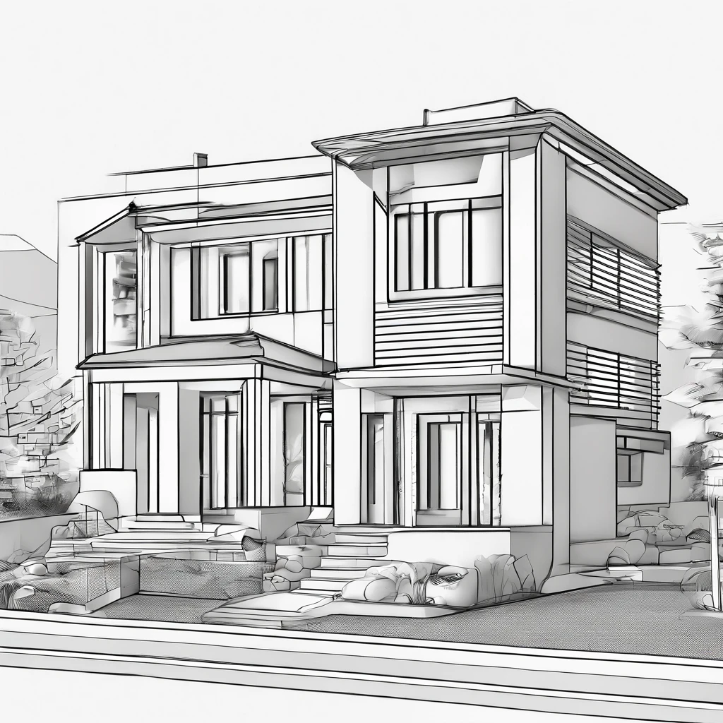 House of the common man、Detached、Narrow entrance exterior、Correct perspective、line-drawing、outlines、Medium omission、unmanned、grayscales、moderno