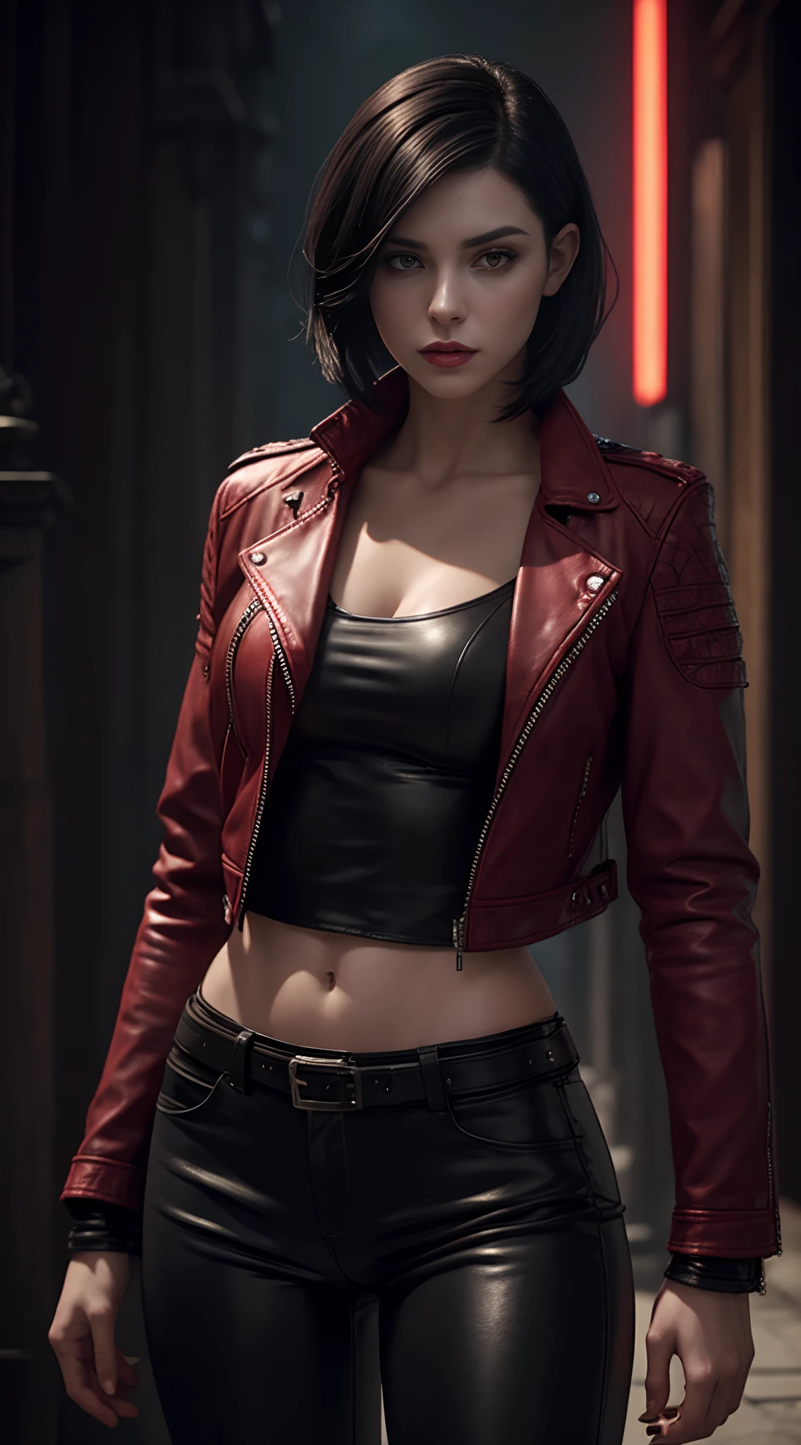a beautiful 25 years old British female vampire mercenary with short black hair, pale skin, wearing red leather jacket and black tight pants, view from front, waist up shot, dynamic pose, ambient lighting, photo realism, intricate face detail, intricate hand details, highly detailed, vibrant colors, cinematic, high definition, trending on Artstation--style raw