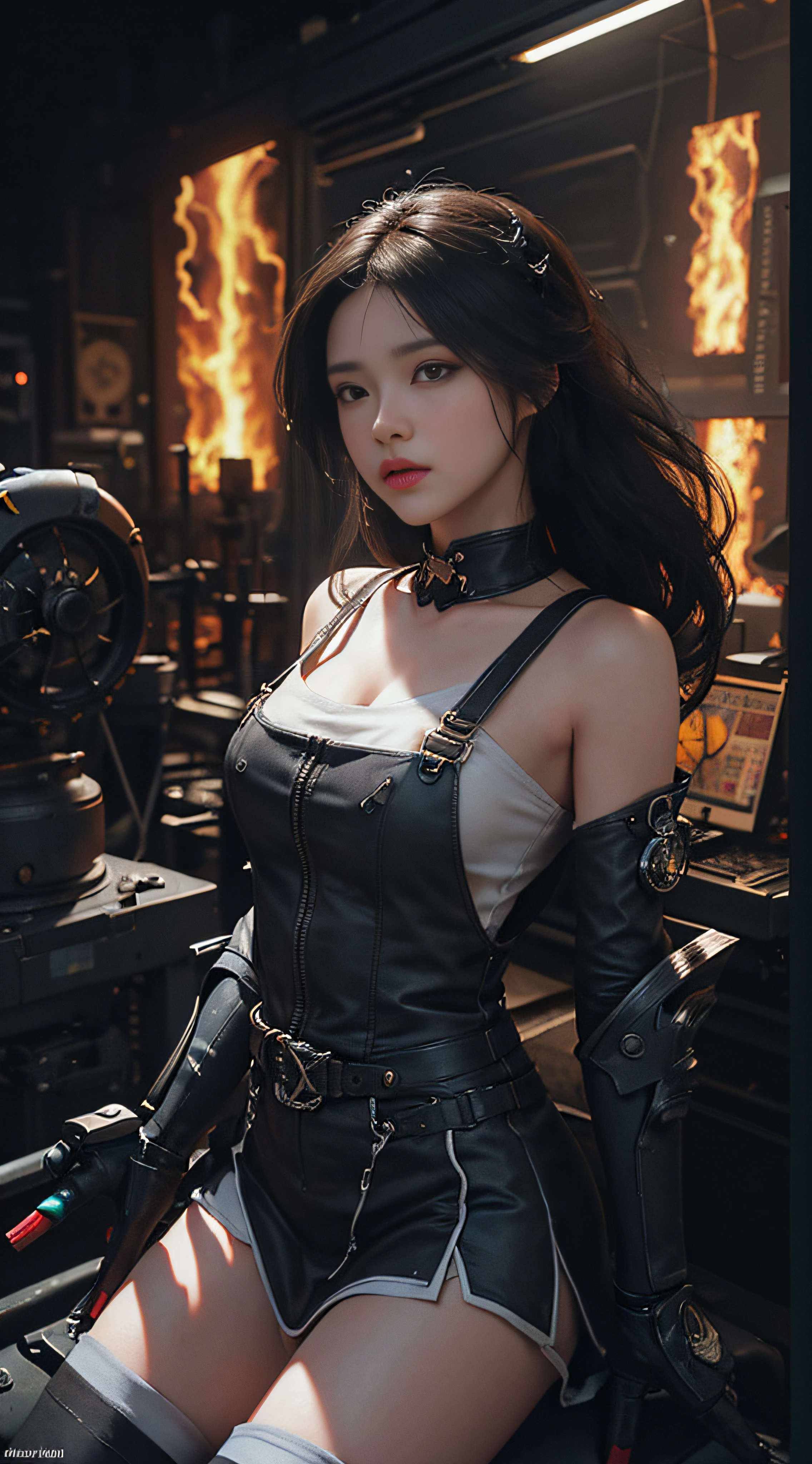 (((masterpiece, top quality, ultra detailed))), (((ultra photo-realistic 3D))), (((dramatic leap in overall accuracy, producing ultra detailed and realistic images))), complex machine j gimmick female android, Dynamic combat action poses, A fusion of overly decorated very complex mechanical Gothic ta fashion, Off the shoulders, Fluttering flare mini skirt, Complex mechanical temple steampunk headgear, Very large eyes, very long eyelashes, Black hair blown in the wind, very long thin arms, Complex mechanical gloves, very long thin legs, Complex mechanical over-the-knee stockings, Mandala, Lots of neon gras are crossed and scattered, Have a huge weapon with very complex mechanical devices, A highly complex machine shop surrounded by flames, Very dark night background, Very dramatic and cinematic lighting, (High dynamic range), Ray tracing, NVIDIA RTX, Super Resolution, Unreal 5, Subsurface scattering, PBR Texturing, Post-processing, Anisotropy Filtering, depth of fields, Maximum clarity and sharpness, Multilayer textures, Albedo and specular maps, Surface Shading, Precise simulated light material interactions, Perfect proportions, Octane Rendering, Two-tone lighting, Wide aperture, Low ISO, White Balance, thirds rule, 16K RAW,