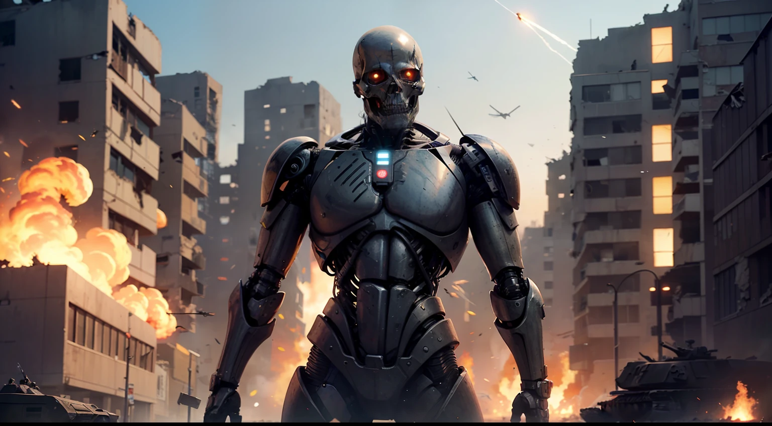 Poster with skeleton cybernetic Terminators T-800 in ruins of city destroyed by nuclear atack, flying army drones around, hi-technology tanks