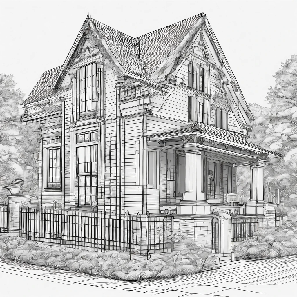 House of the common man、Detached、Narrow entrance exterior、Correct perspective、line-drawing、outlines、Medium omission、unmanned、grayscales、moderno
