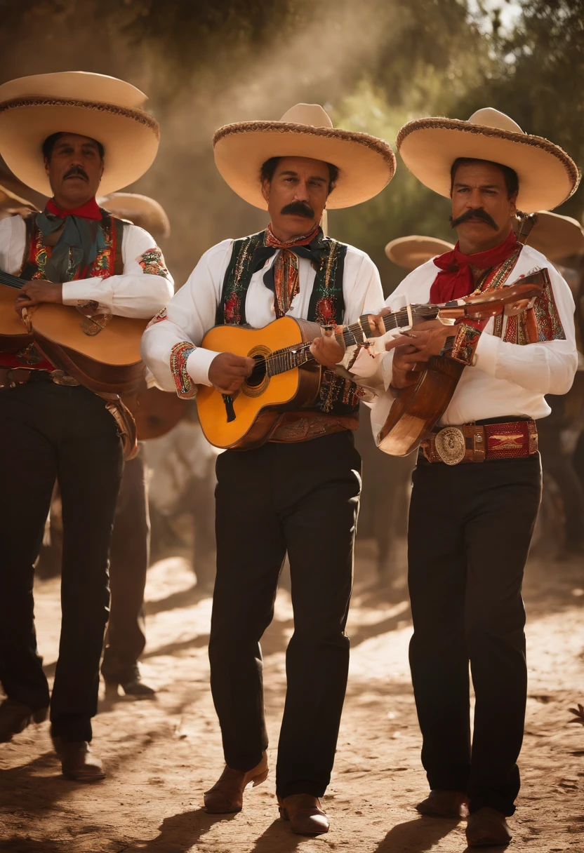 araffes in a mexican band playing music and singing, mexican mustache, mexican folklore, mexican, folklorico, mexico, latino features, juan jose serrano, james zapata, new mexico, taco, musicians playing instruments, mexican vaquero, mexican standoff, eddie del rio, carrying a guitar, latino american, wielding machete