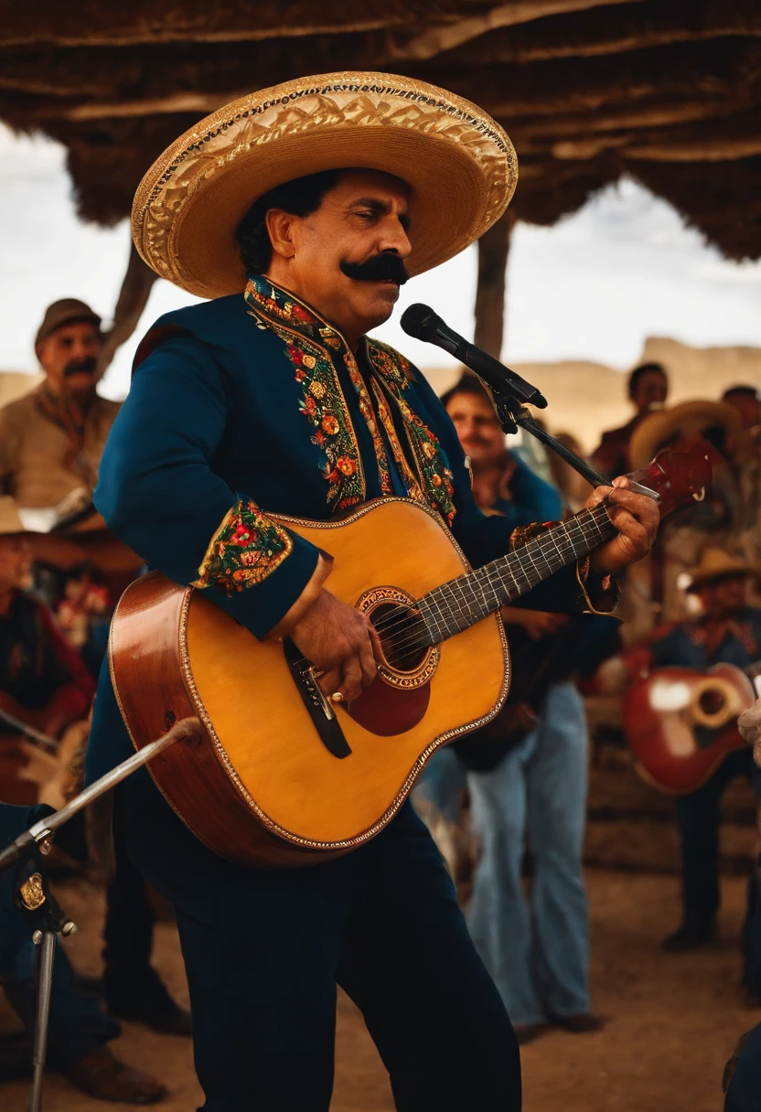 araffes in a mexican band playing music and singing, mexican mustache, mexican folklore, mexican, folklorico, mexico, latino features, juan jose serrano, james zapata, new mexico, taco, musicians playing instruments, mexican vaquero, mexican standoff, eddie del rio, carrying a guitar, latino american, wielding machete