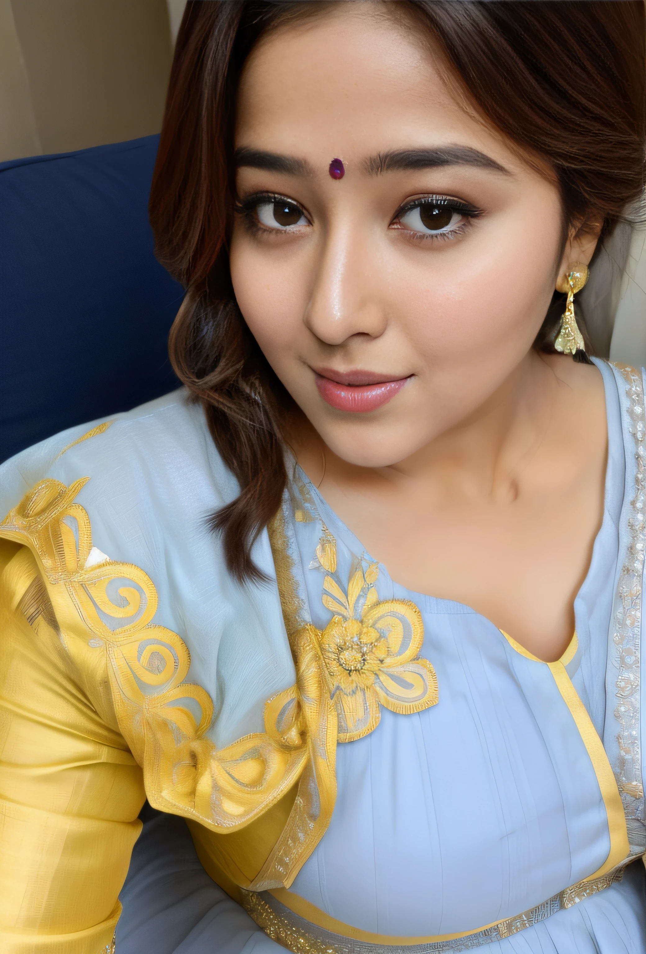 a close up of Raashi Khanna in a blue and yellow dress, very beautiful enga style, with lovely look, very very beautiful woman, candid photo, traditional beauty, candid photograph, very beautiful girl, candid picture, girl next door innocent look, very beautiful woman Raashi Khanna, lovely woman, selfie photo, very beautiful photo, cute beautiful, cute photo, with accurate face, attractive photo, Raashi Khanna is a leading beautiful south actress and model, dark red lips