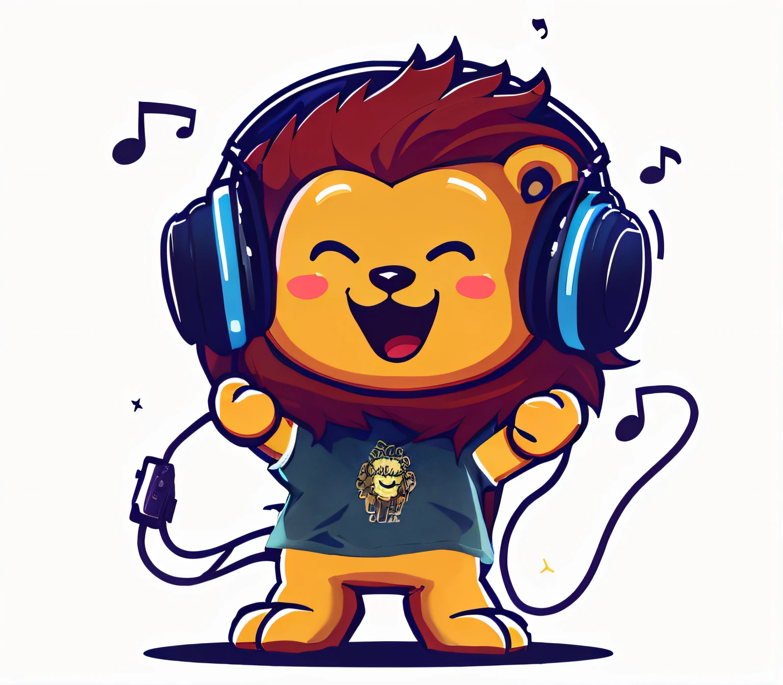 Cartoon lion with headphones and a singing T-shirt, Cute lion, Mascot illustration, vibing to music, jamming to music, com fones de ouvido, com fones de ouvido, DJ Sura, trending on dribbble.mascote com, DJ, robot lion, laughing bear musician, arte fofa, 2 d full body lion, sem gradientes, arte oficial, fanart oficial