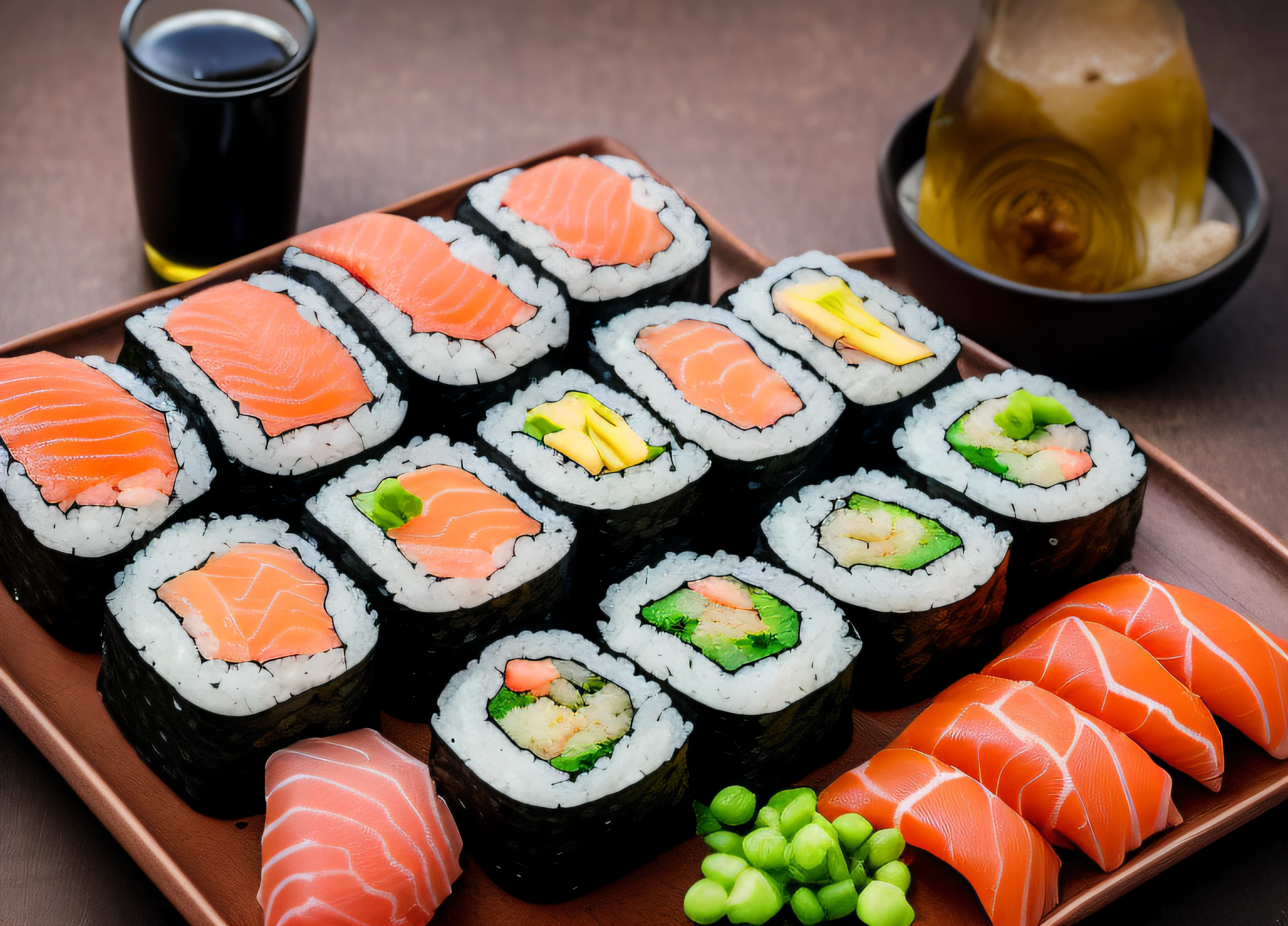 A magazine photograph of an amazing array of sliced sushi rolls made by chef Gordan Ramsey, with smoked salmon & Atum & enguia & doe & abacate & polvo & wasabi arranged the Japanese way with sticks and a bottled Japanese beer & vidro alto, trending & Award-winning photo by acclaimed photographer, Bokeh, F1.8, Cinematic lighting, centered composition