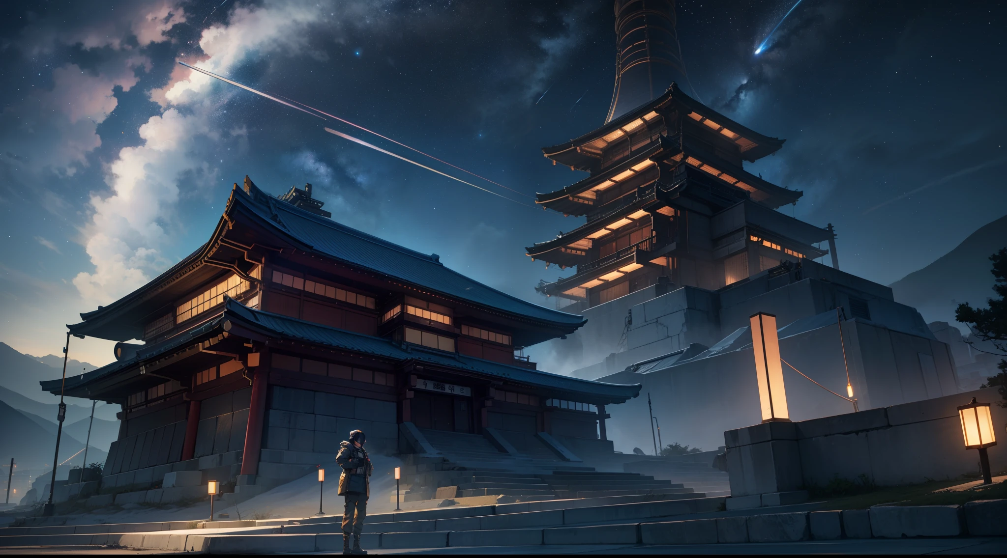 Potrait Of Futuristic japan vilage scenery, semi realistic, cinematic lighting, futuristic potrait, ultra HD, 8k , night scene, milky way, sky full of stars, unreal engine 5, ray tracing