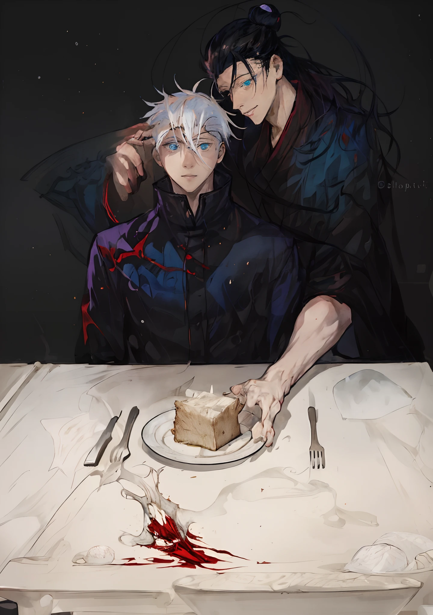 anime character from Jujutsu Kaisen, Satoru Gojo, white hair, blue eyes, blood stain on his right cheek, sitting in a chair, shocked face, Geto Suguru, black hair, long hair, hair tied to a half bun, piercing, standing on the right, grinning, left hand is gripping the chair, right hand handing a plate to the table, prison realm jujutsu kaisen, a glass of wine is spilled on the table, stains of blood on table, dinner table is a mess, at a dinner table, plates of food on the table, masterpiece, illustration