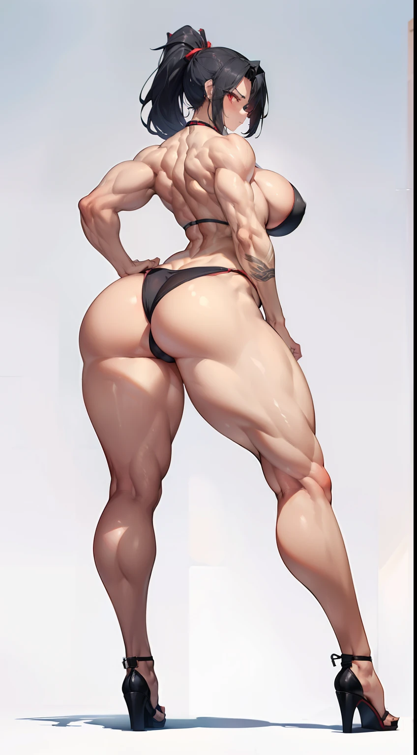 (1 girl), ((muscular)), ponytail, toned body, black hair, red eyes, (((massive butt))), long hair, thick thighs, wide hips, bikini, ((sexy pose)), (sexy), (((no background))), ((huge breasts)), beautiful face, perfect body, small waist, curvy body, micro bikini, perfect anatomy, ((long legs)), tall, nsfw