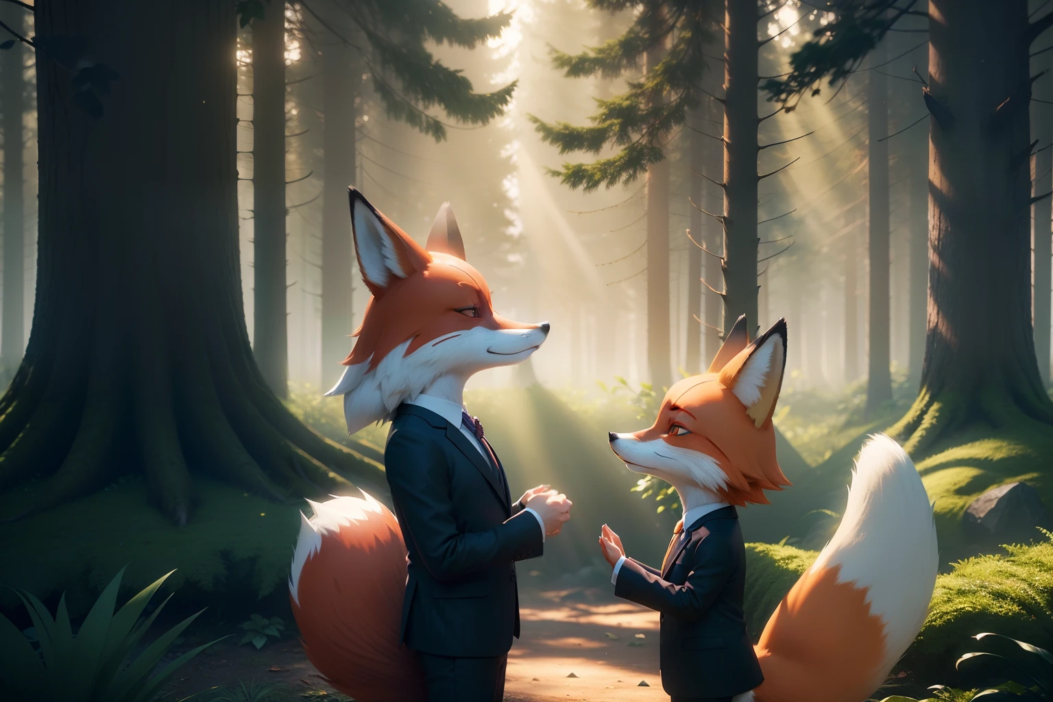 A talkative ((fox)) in suit speaking to a ((fox)) wearing T-shirt who appears boring, magical forest as background, illuminated by rays of sunshine filtered through the trees, slightly foggy atmosphere. 3D characters, animation.
