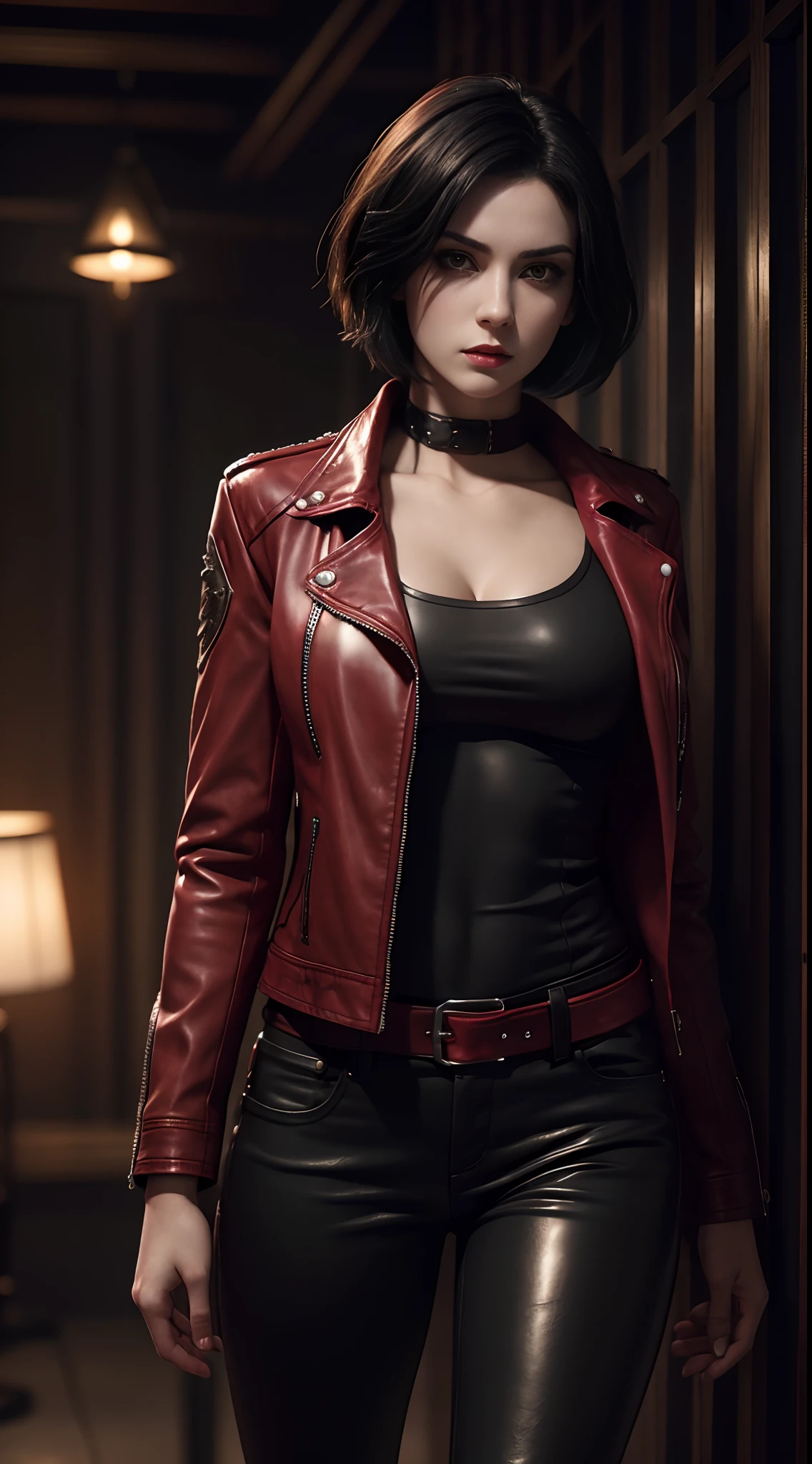 a beautiful 25 years old British female vampire mercenary with short black hair, pale skin, wearing red leather jacket and black tight pants, view from front, waist up shot, dynamic pose, ambient lighting, photo realism, intricate face detail, intricate hand details, highly detailed, vibrant colors, cinematic, high definition, trending on Artstation--style raw