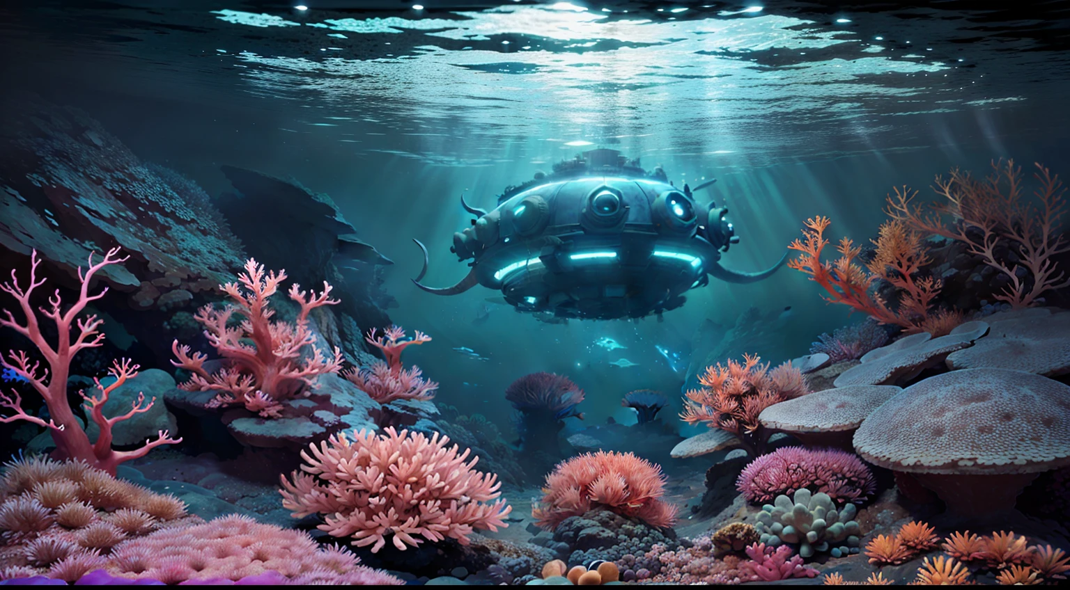 The underwater city of the future among a coral reef, batyskaf, rekiny, octopus