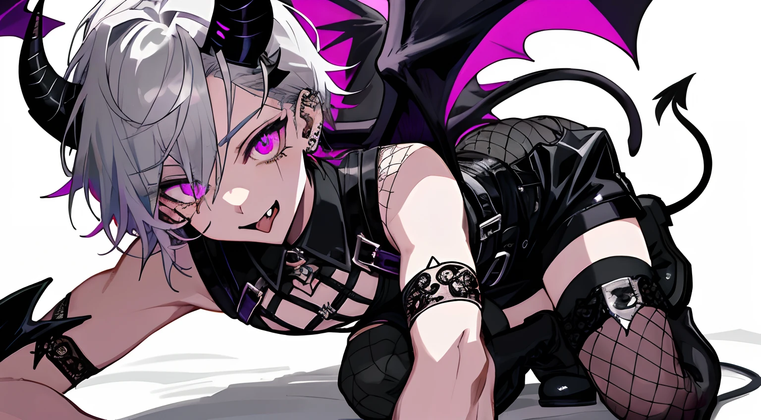 1boy, toned, cosmic powers, HD, masterpiece, vibrant, black boots, dead expression, masterpiece, high quality, best quality, ultra detailed, 1 boy, tall boy, incubus, no underwear, short hair, silver hair, hot pink eyes, pale skin, tongue sticking out, long tongue, anguish, heart-shaped eyes, heart-shaped pupils, fine detailed eyes, unusual shape, ((lots of piercings)), Goth boy, (fishnet stockings, gothic print:1.25) boy in a black and white outfit, boy wearing a Gothic outfit, large boots, high heel, boy wearing a black leather garterbelt and (multiple leather straps, multiple iron chains attached to rings:1.125), shorts, ((devil wings, tail and horns)), highly detailed fine art, (finely detailed beautiful eyes and detailed face), delicate depiction of facial features, detailed metal jewelry, dramatic composition, cinematic lighting