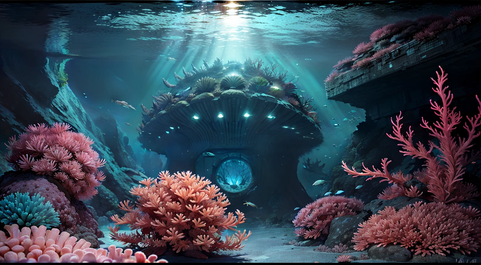The underwater city of the future among a coral reef, batyskaf, rekiny, octopus