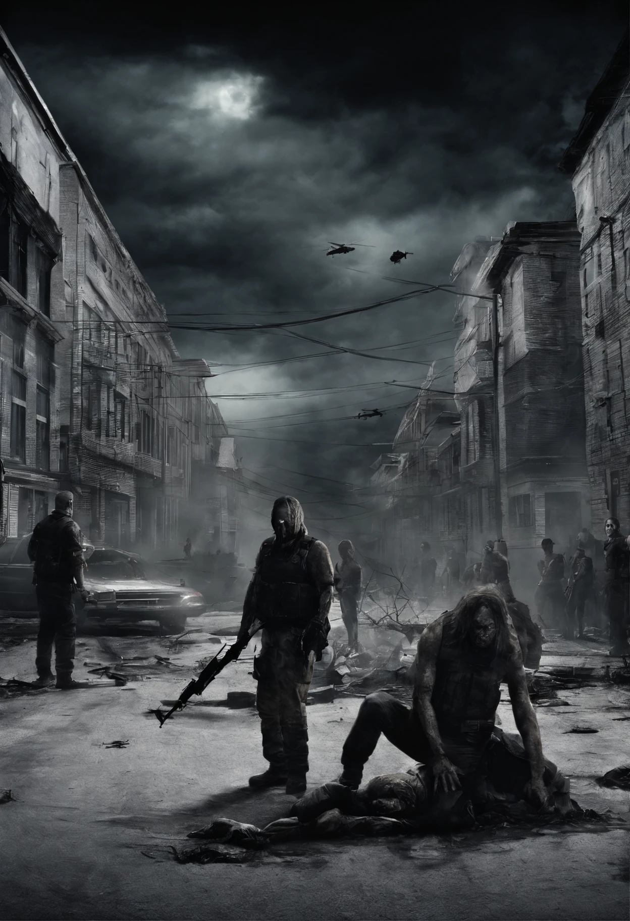 A walking dead man in the street, medium long shot, looking at camera, a group of soldier behind of scene, holding gun, shooting at walking dead man, a helicopter in the sky looking after them, dark scene, horror, realistic, super details