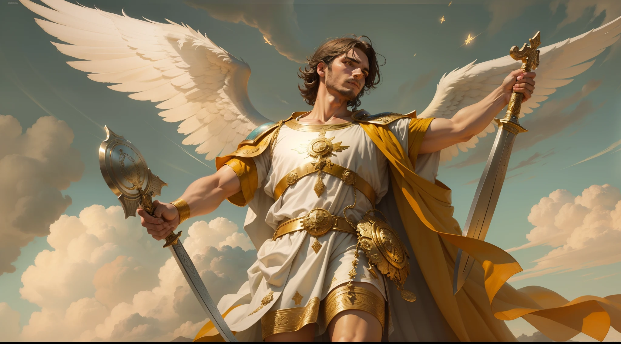 Closeup of an image a man angel with a large and long sword with attack position in right hand, in the other left hand holding a scale, Angel dressed as a Roman soldier looking at the ground, arcanjo homem com asas grandes, o anjo da fortuna, perfeito, Reslistic, Biblical setting, celestial scenery, sol e nuvens ultras realistas, flores e velas, illuminated archangel of heaven, flores coloridas, velas acesas, roupas brancas e vermelhas